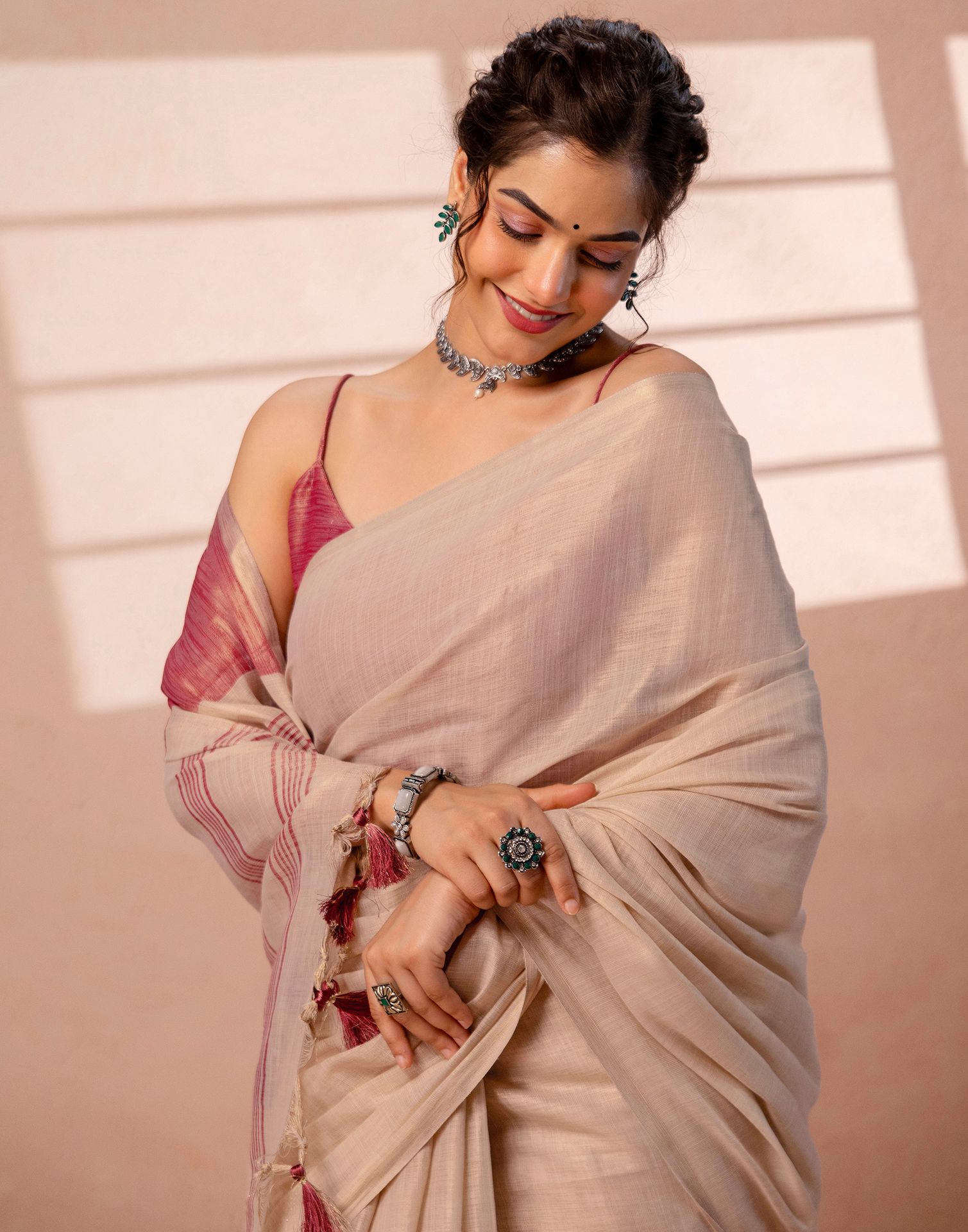 Beige Shimmer Silk Woven Saree