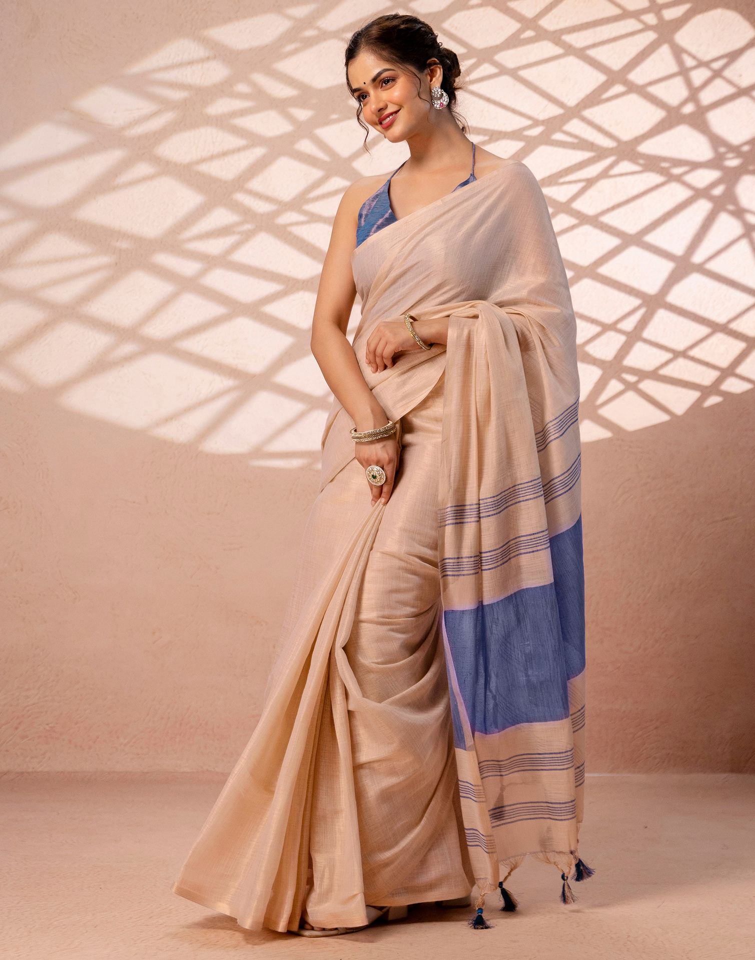 Beige Shimmer Silk Woven Saree