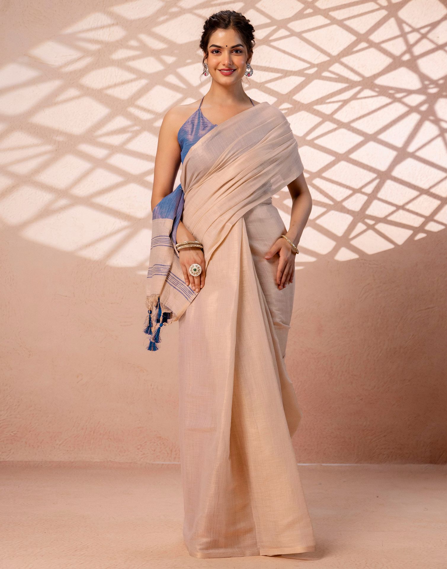 Beige Shimmer Silk Woven Saree