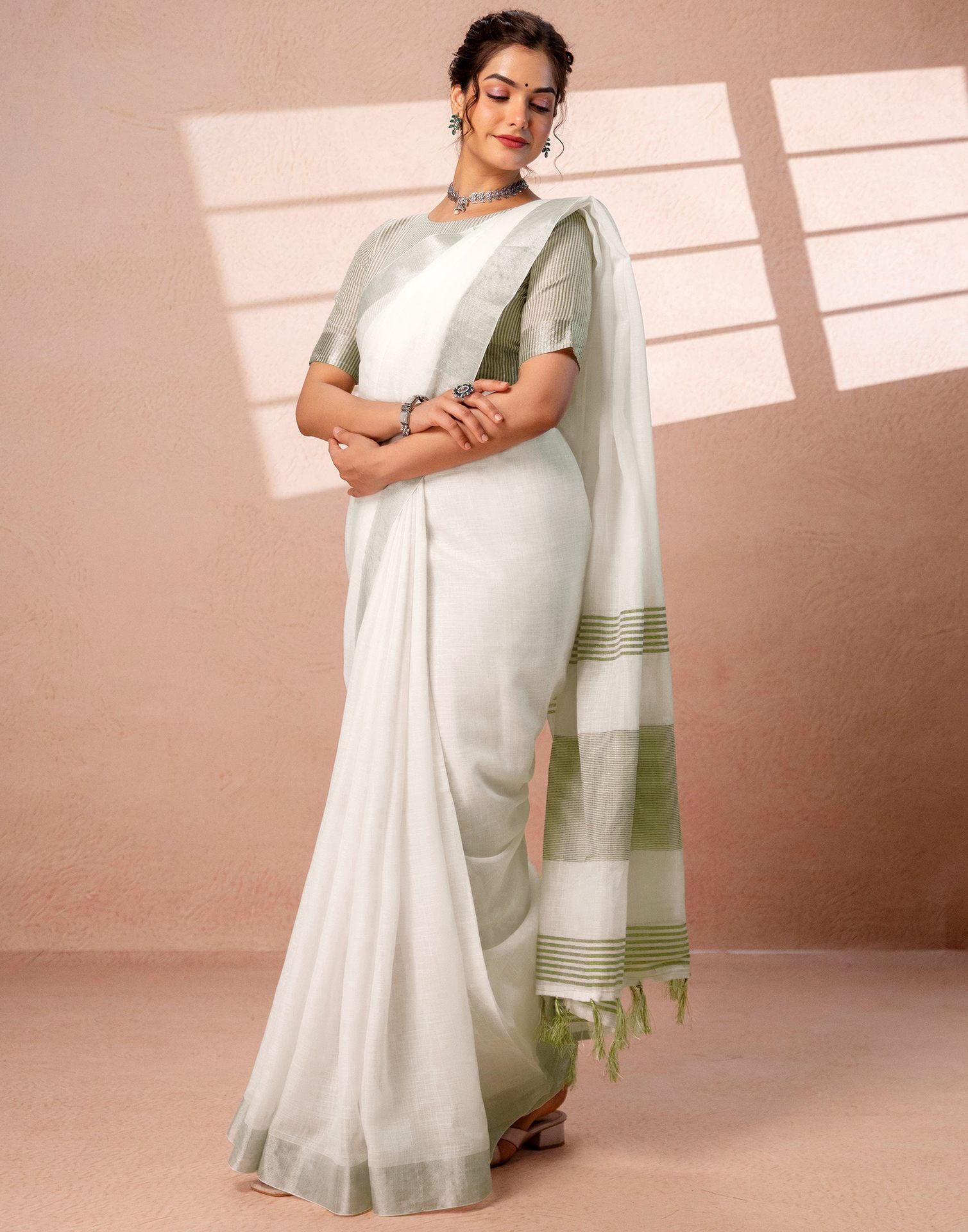 White Linen Woven Border Saree