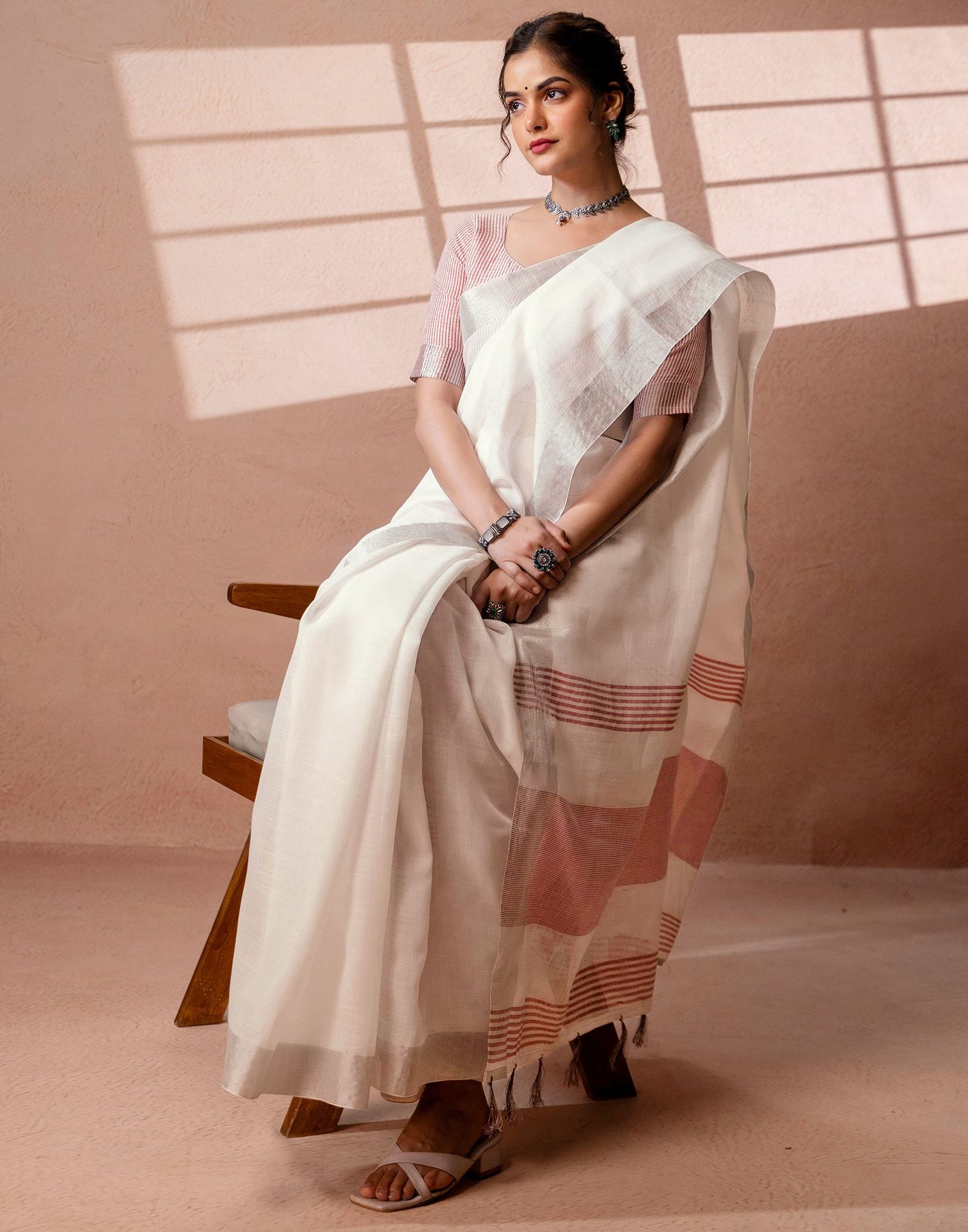 White Linen Woven Border Saree