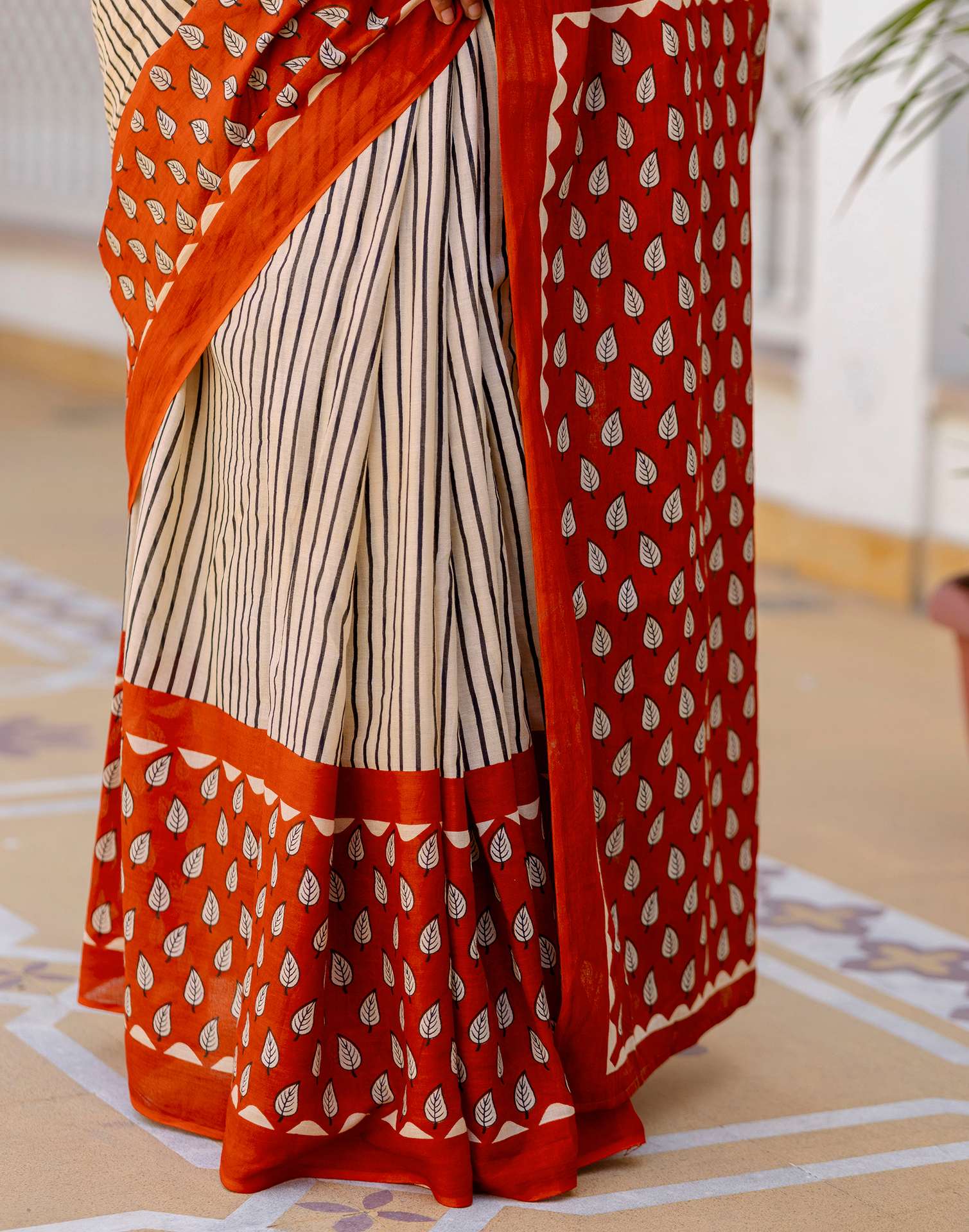 Beige Cotton Printed Saree