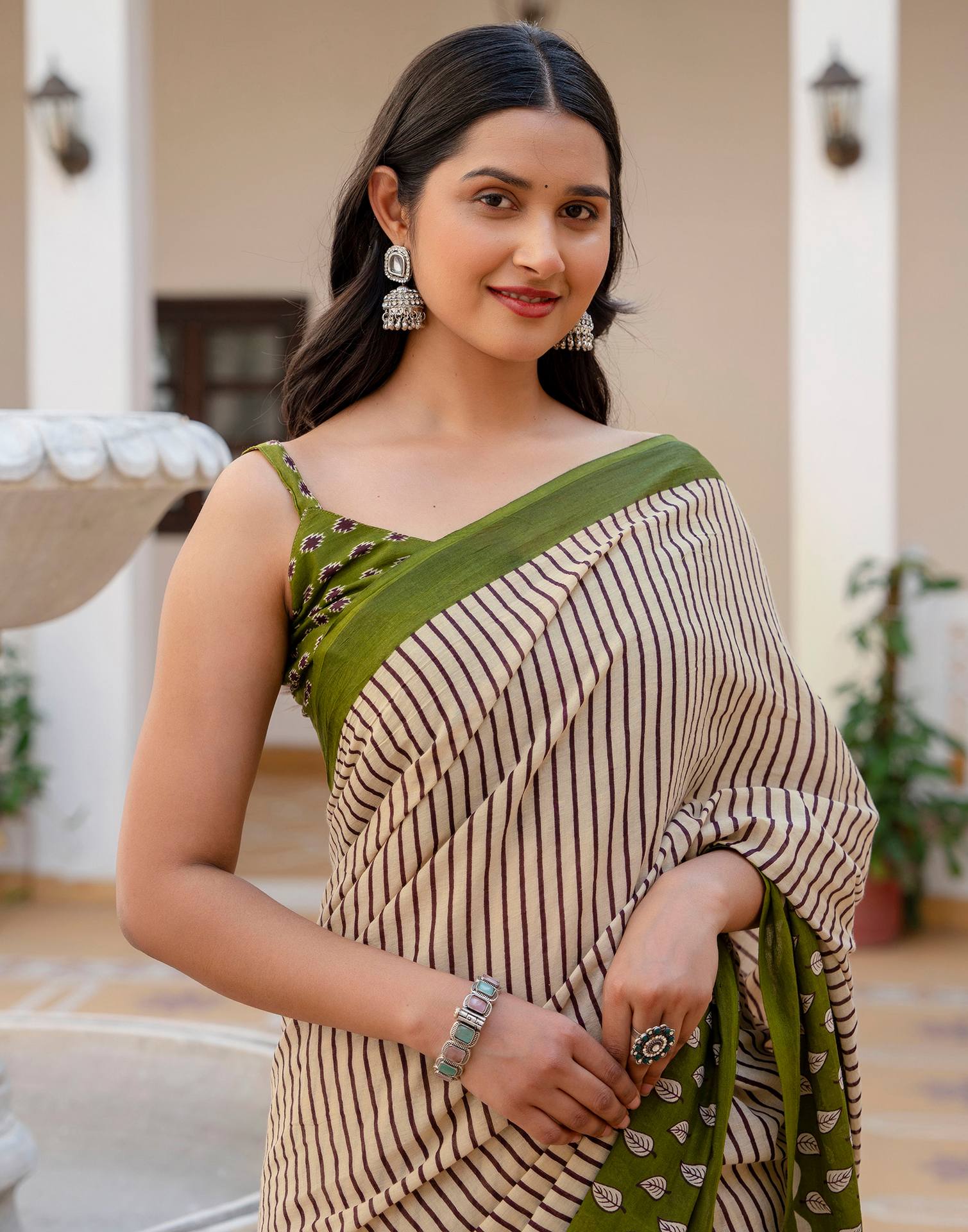 Beige Cotton Printed Saree