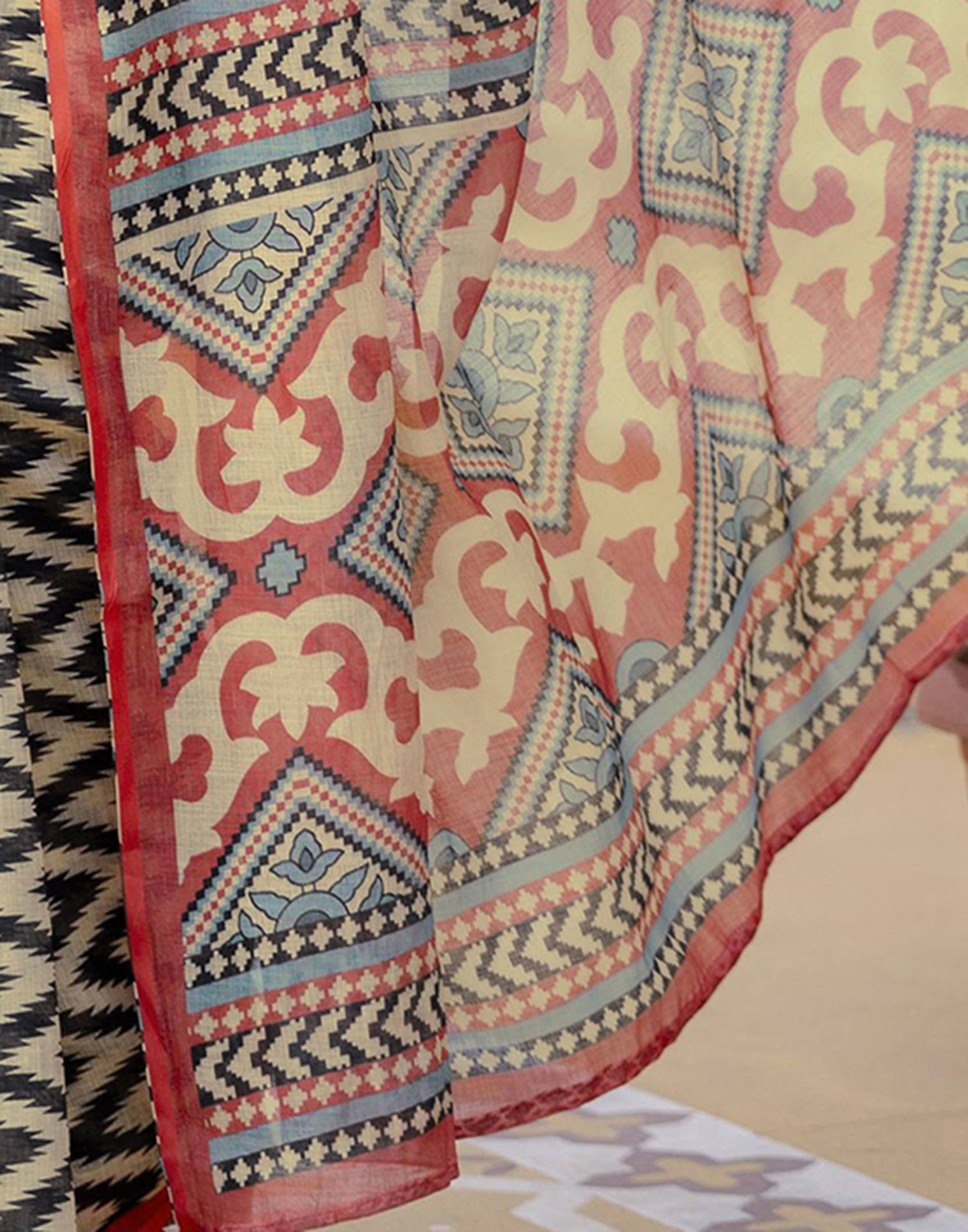 Beige Linen Printed Saree