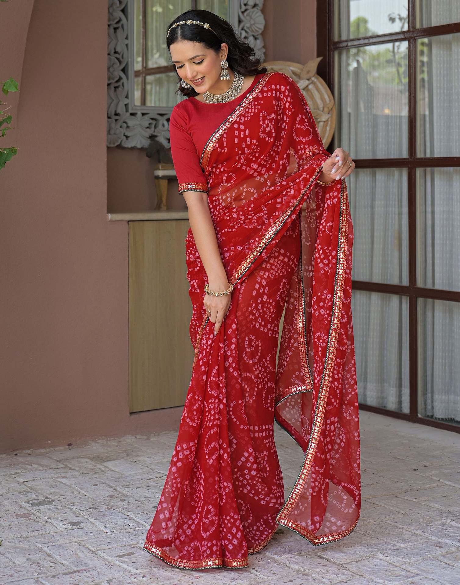 Red Chiffon Bandhani Printed Saree