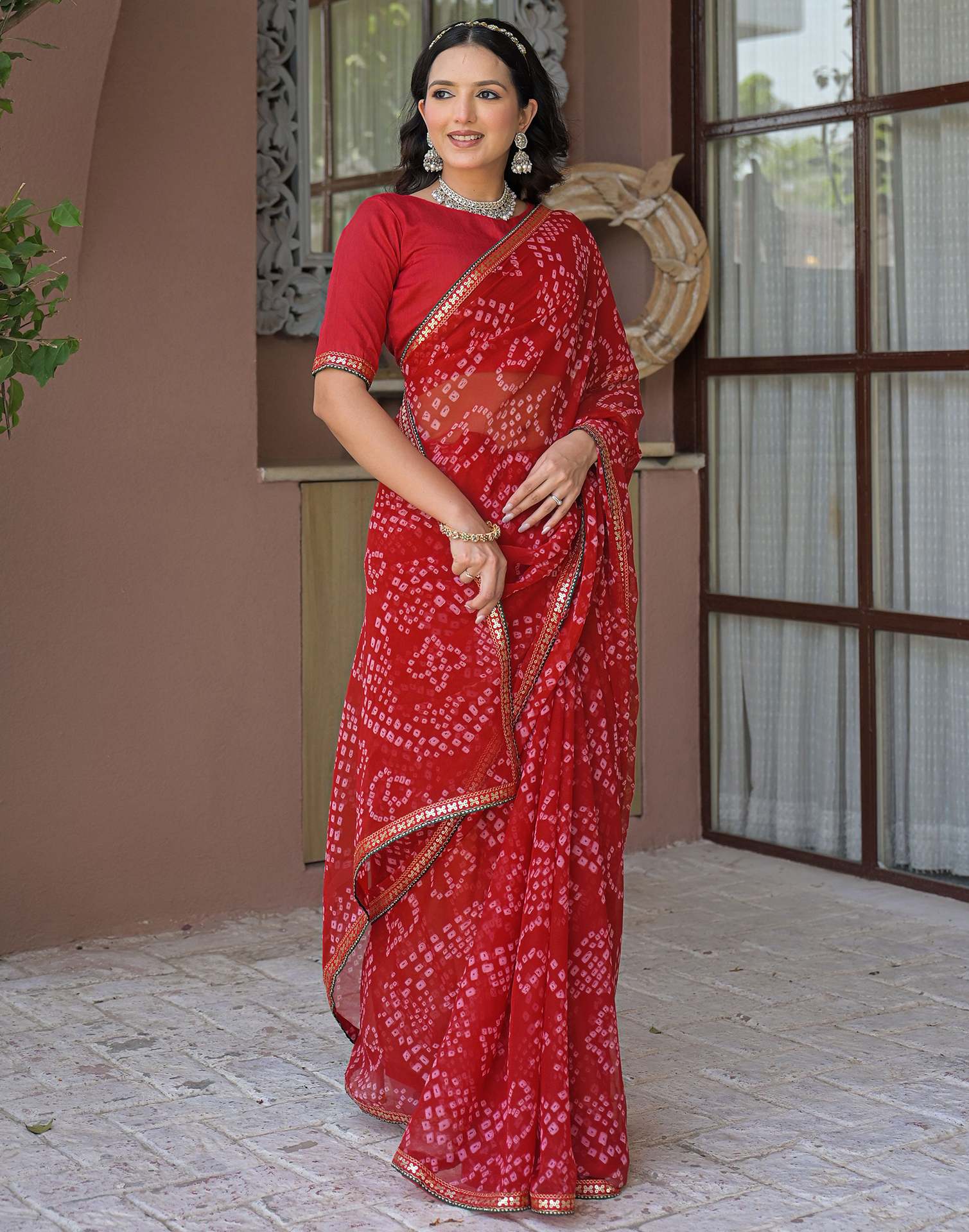 Red Chiffon Bandhani Printed Saree