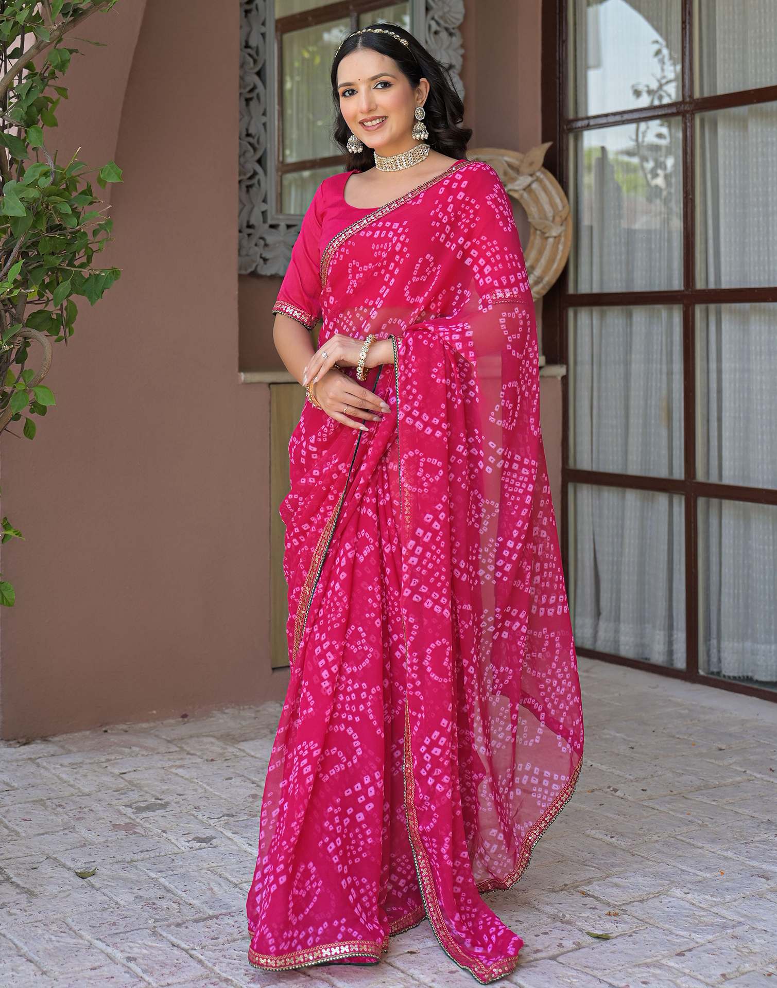 Pink Chiffon Bandhani Printed Saree
