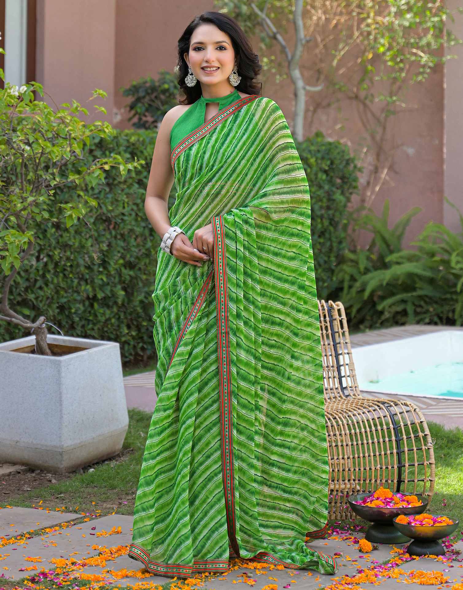Parrot Green Georgette Laheriya Printed Saree
