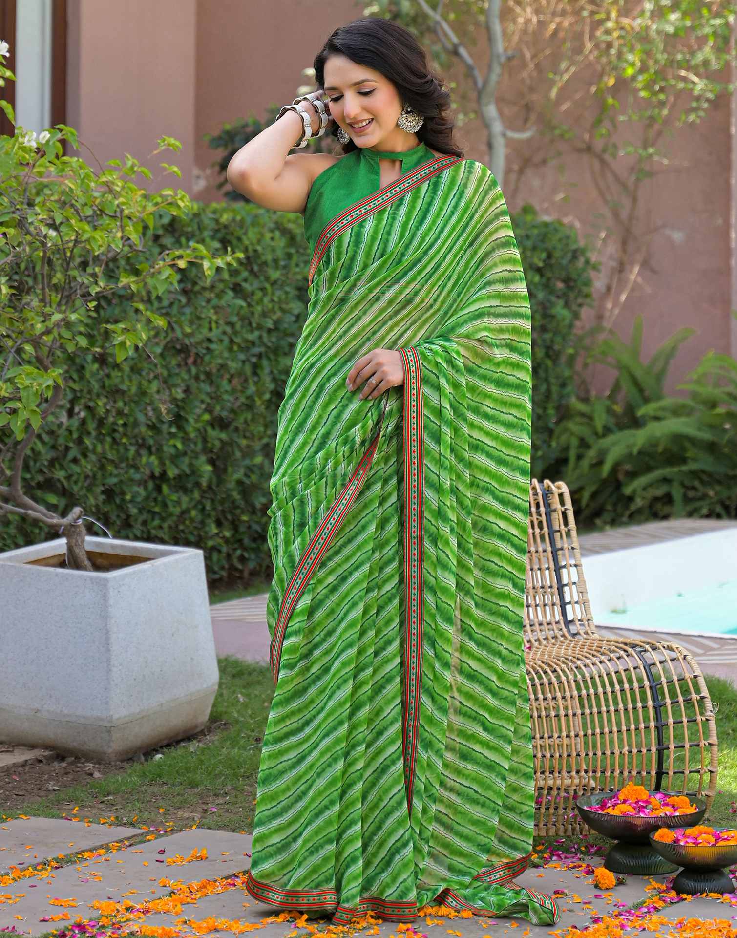 Parrot Green Georgette Laheriya Printed Saree