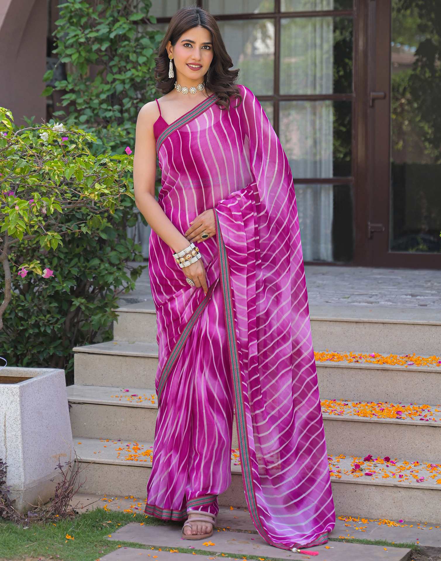 Pink Georgette Laheriya Printed Saree