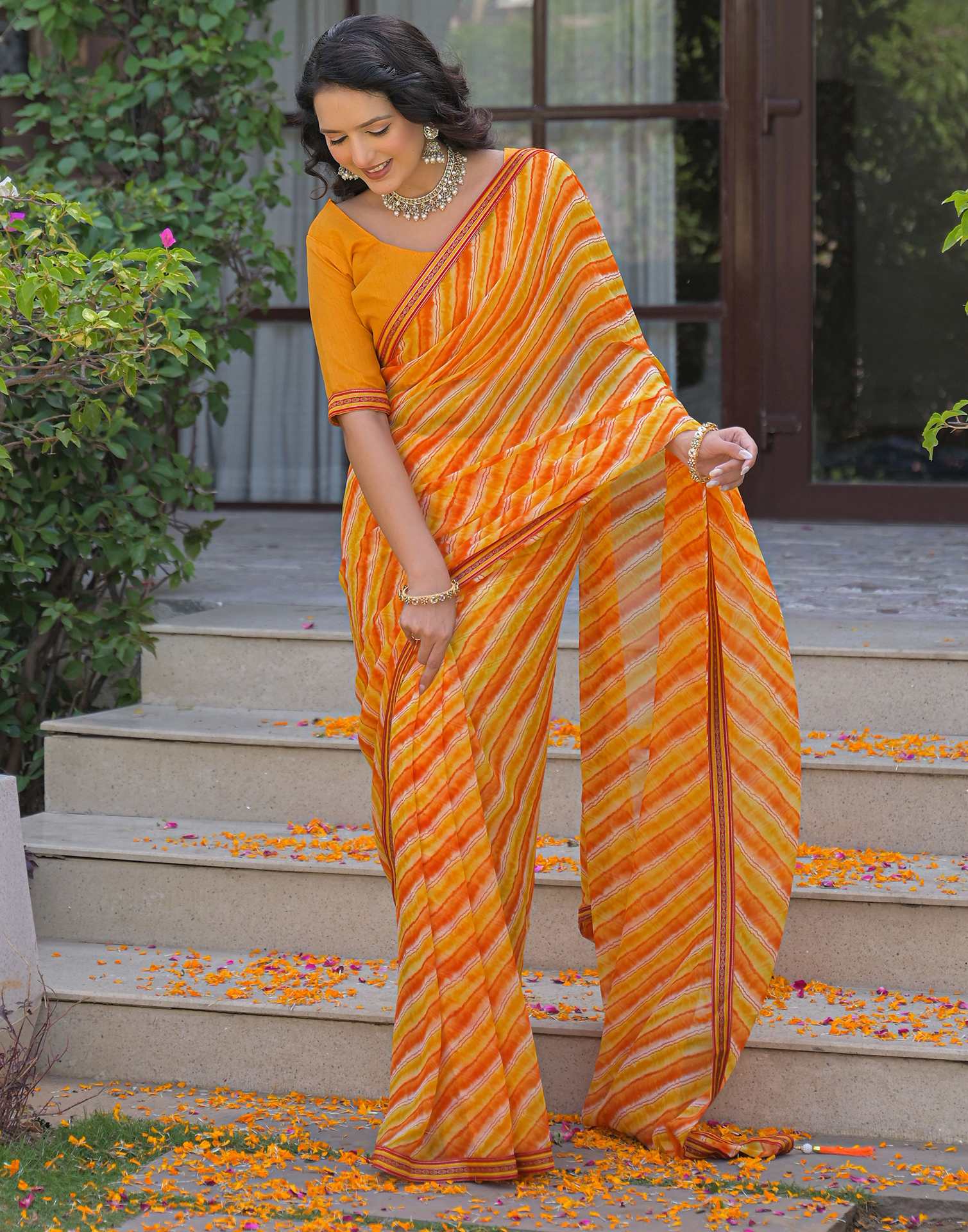 Yellow Georgette Laheriya Printed Saree
