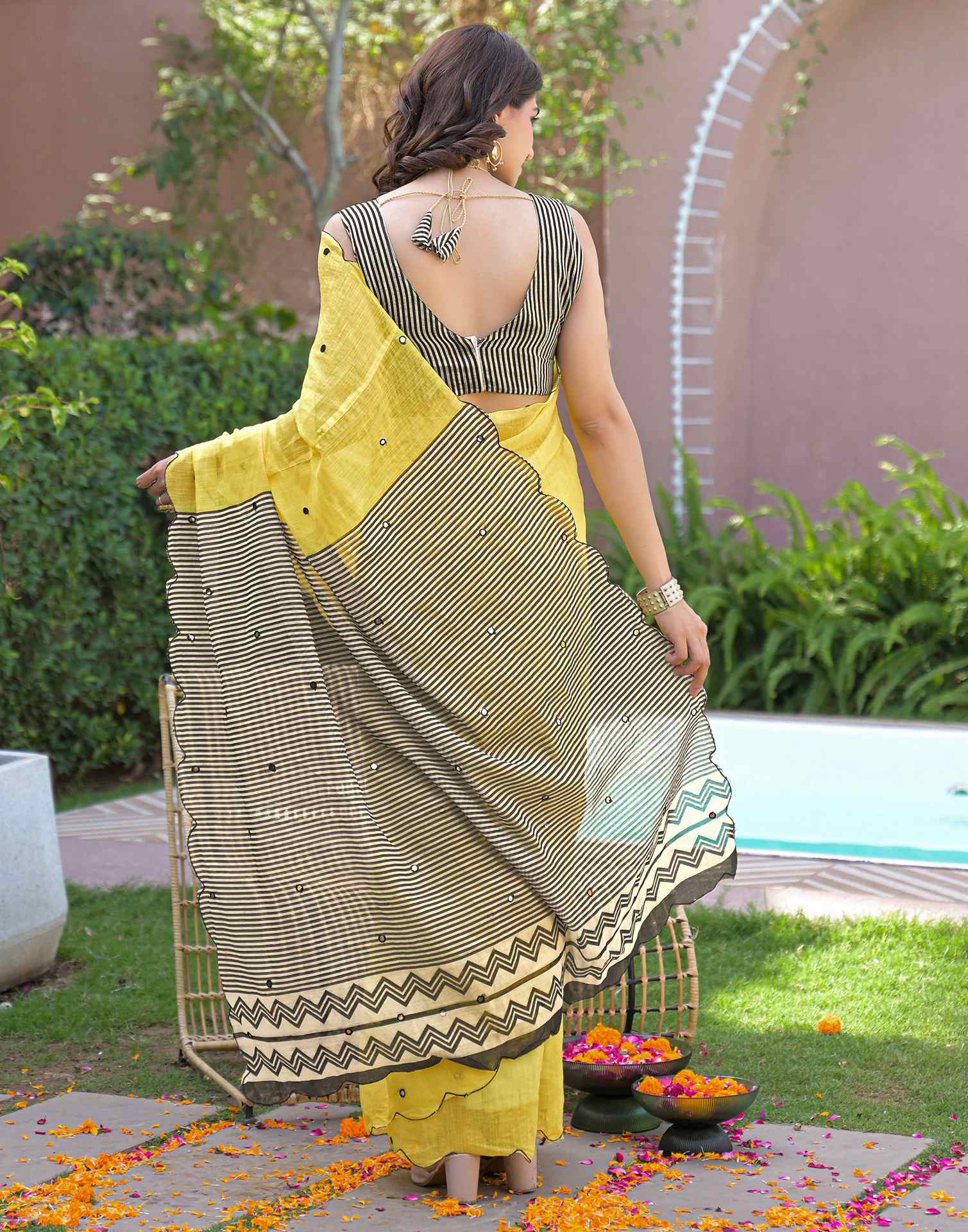 Yellow Linen Mirror Work Printed Saree