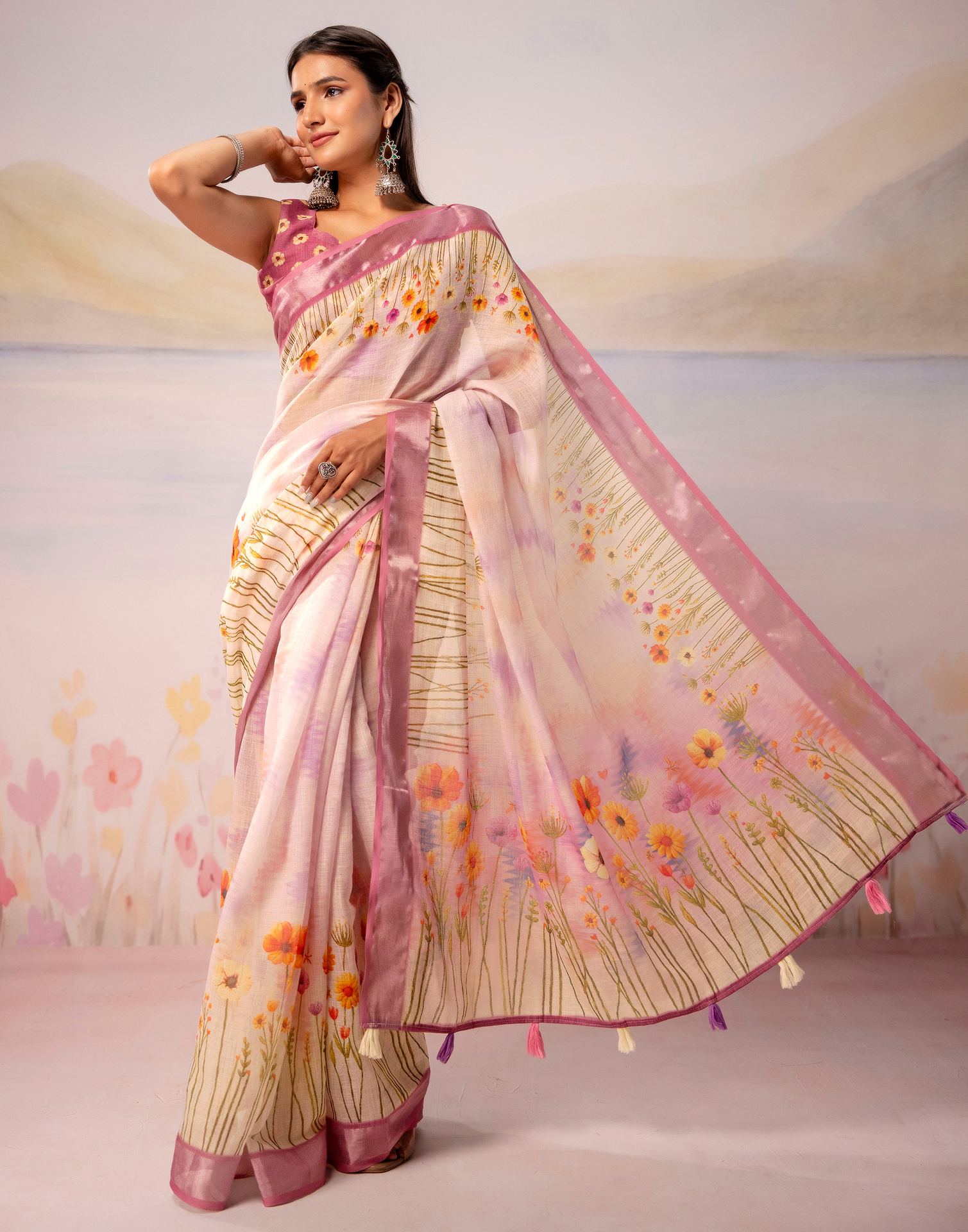 Light Pink Linen Printed Zari Border Saree
