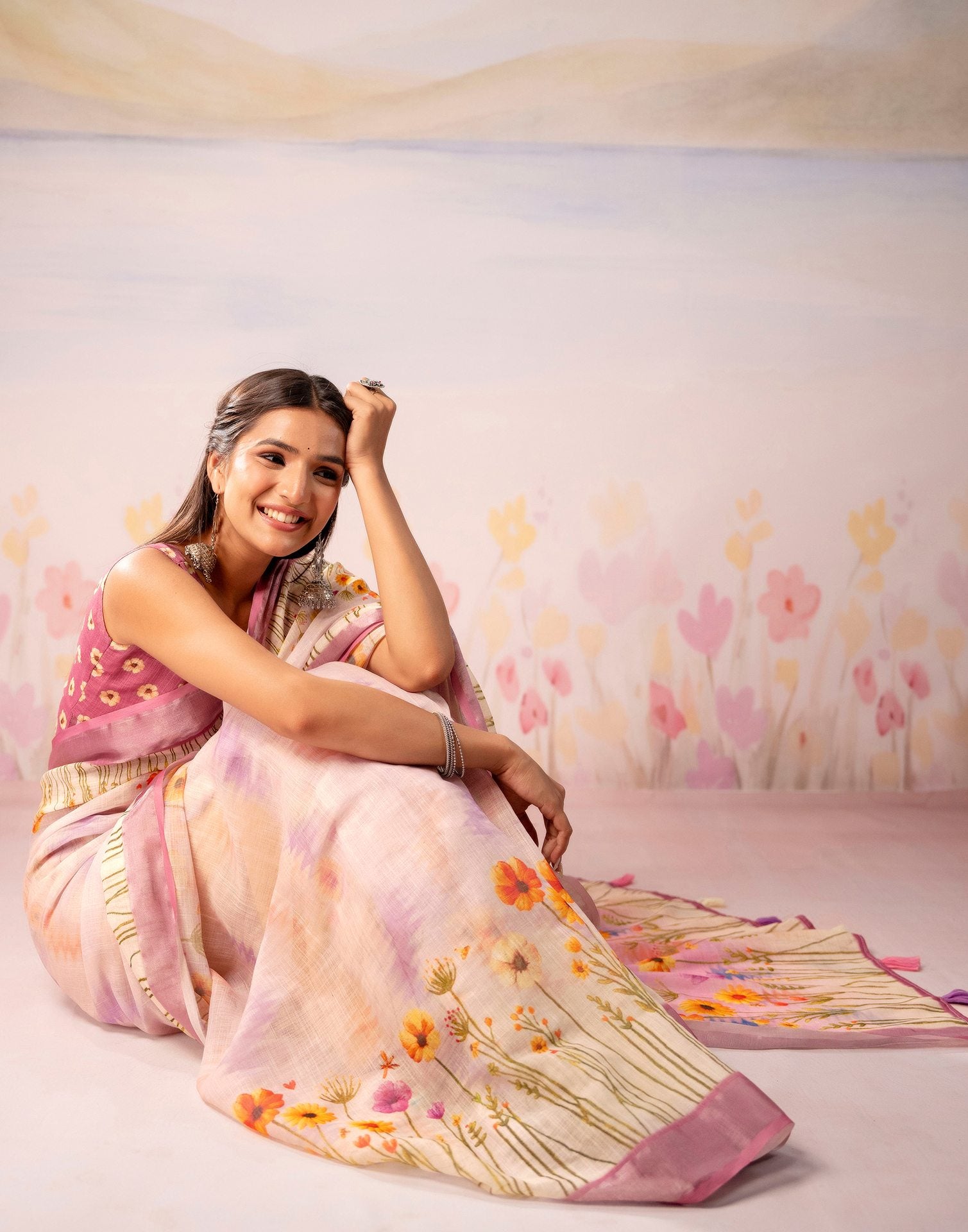 Light Pink Linen Printed Zari Border Saree