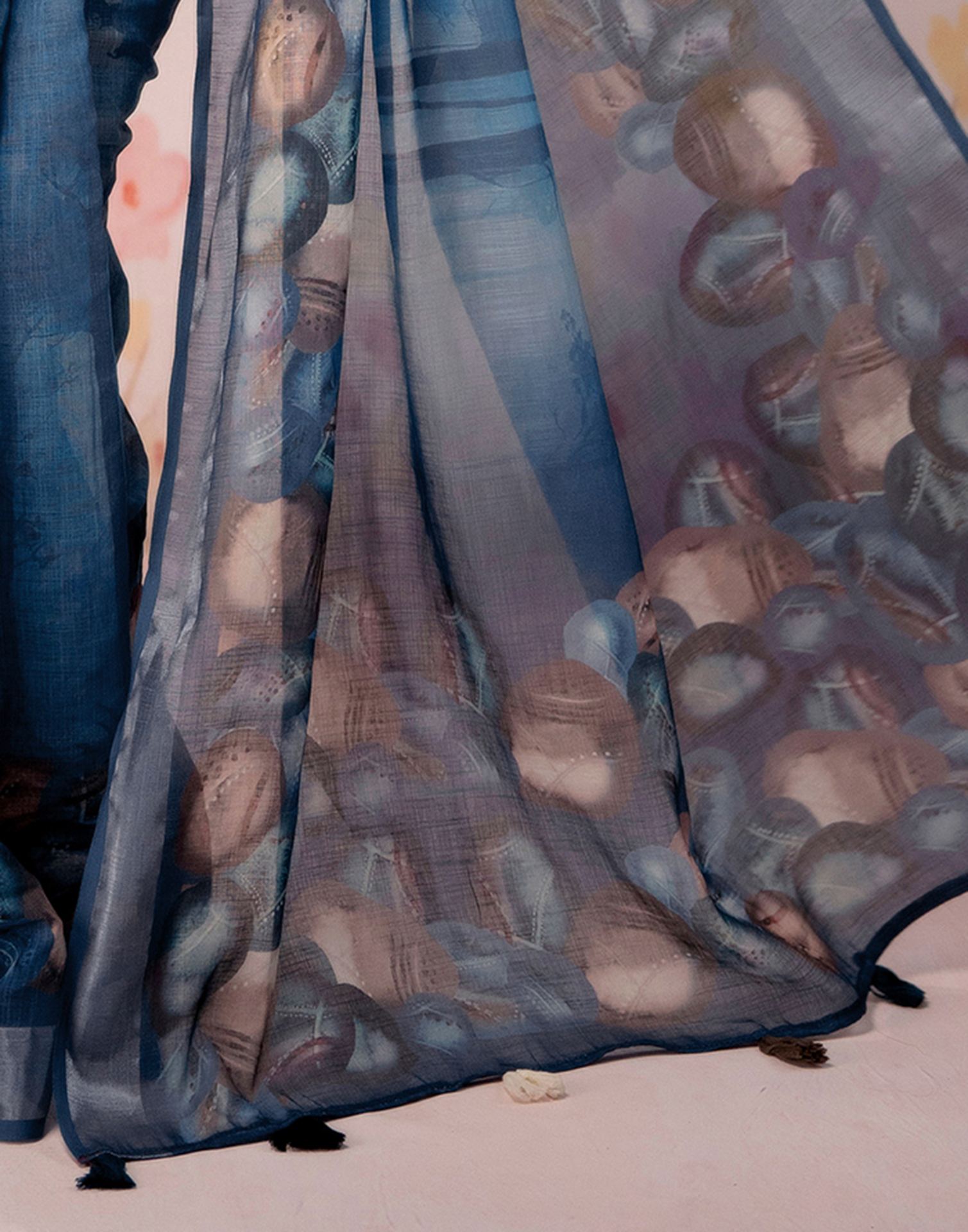 Dusty Blue Linen Printed Zari Border Saree