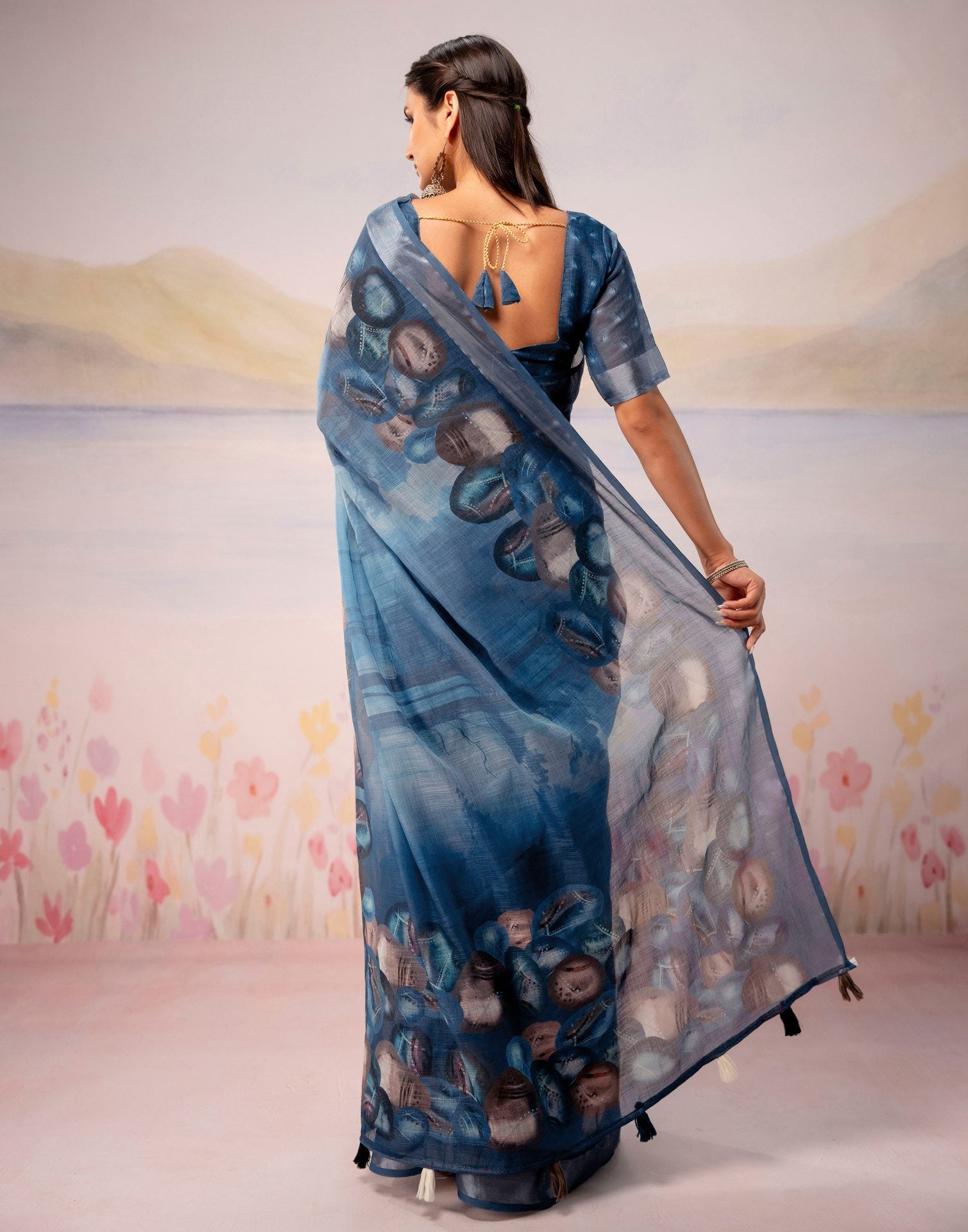 Dusty Blue Linen Printed Zari Border Saree
