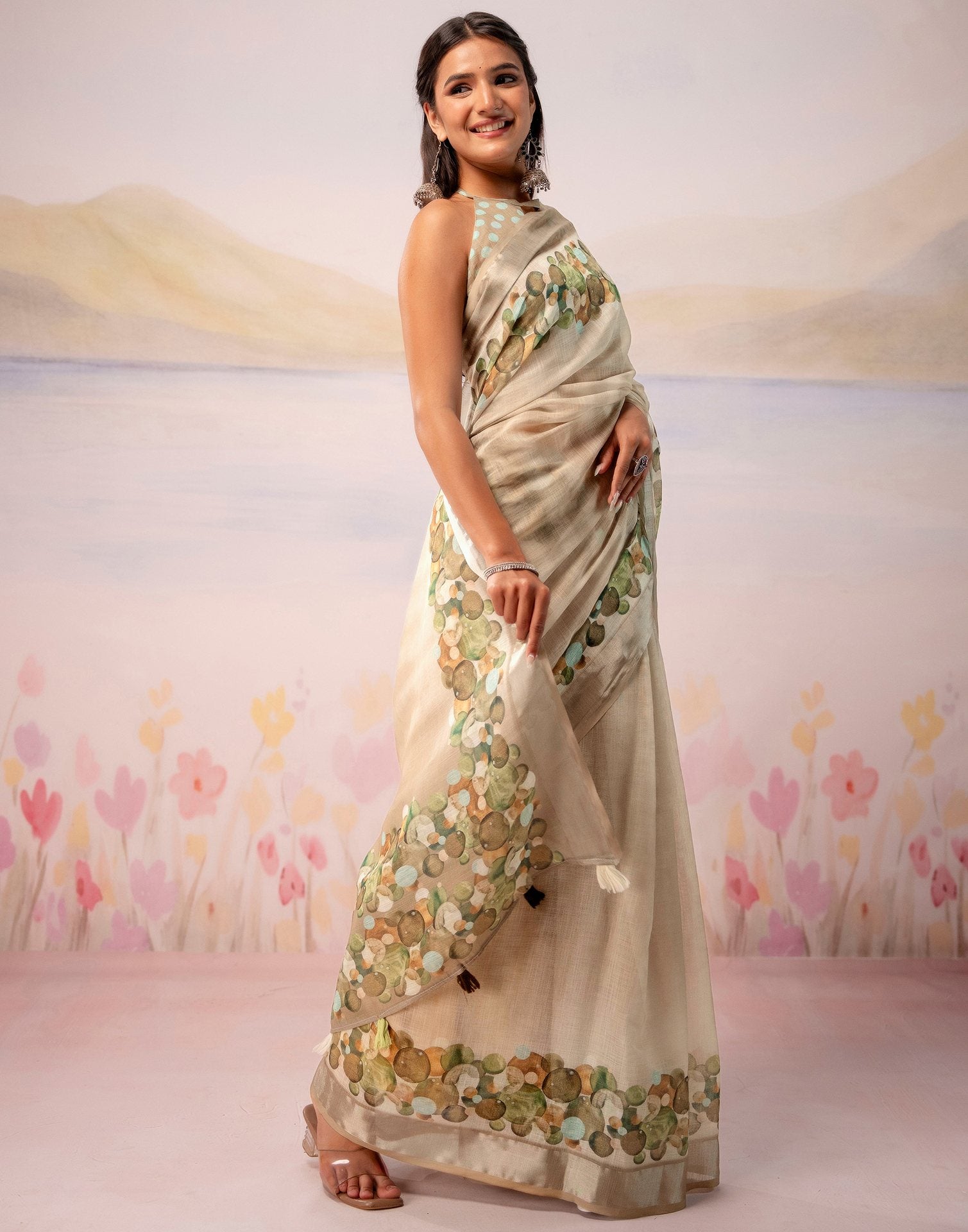 Beige Linen Printed Zari Border Saree
