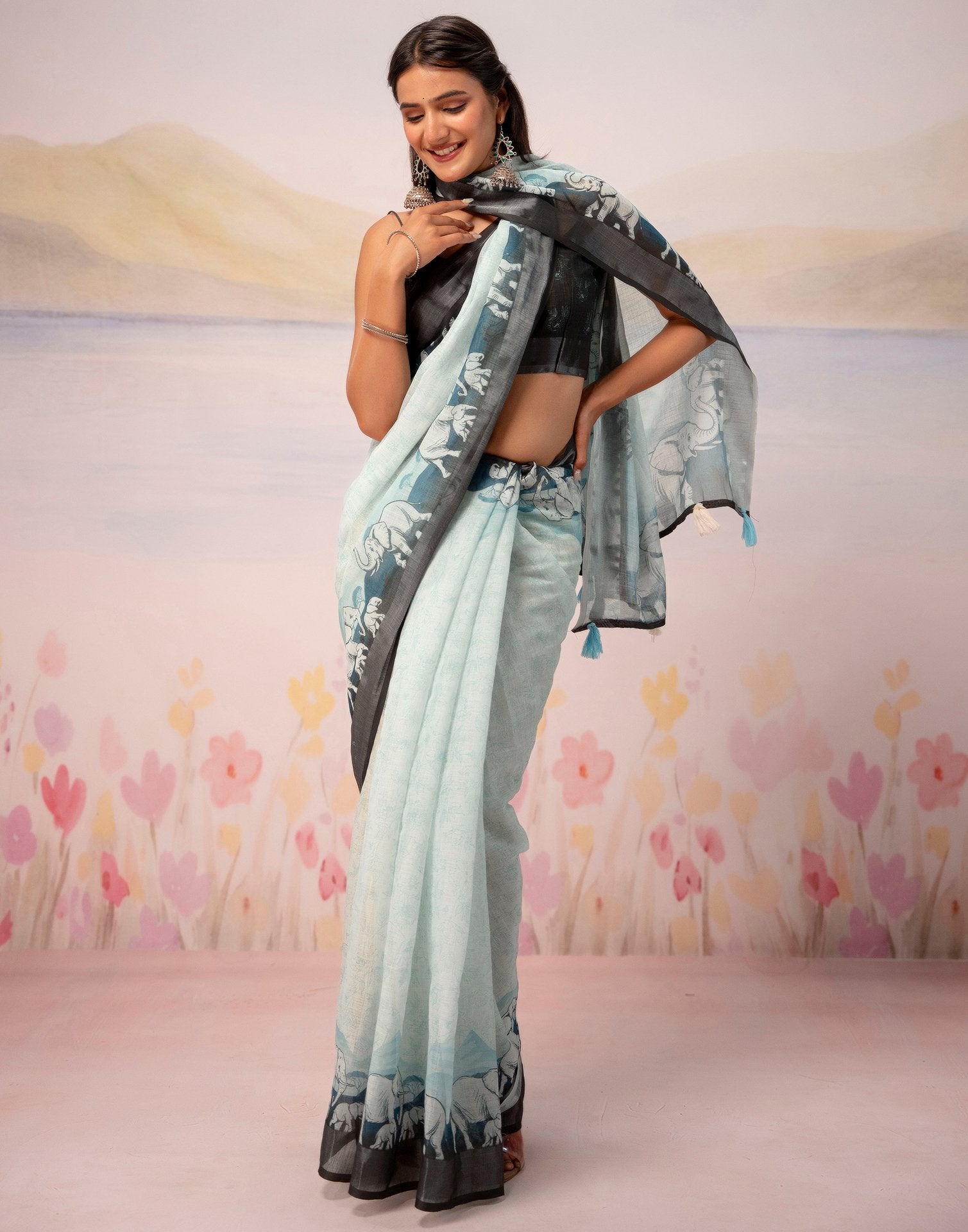 Light Mint Blue Linen Printed Zari Border Saree