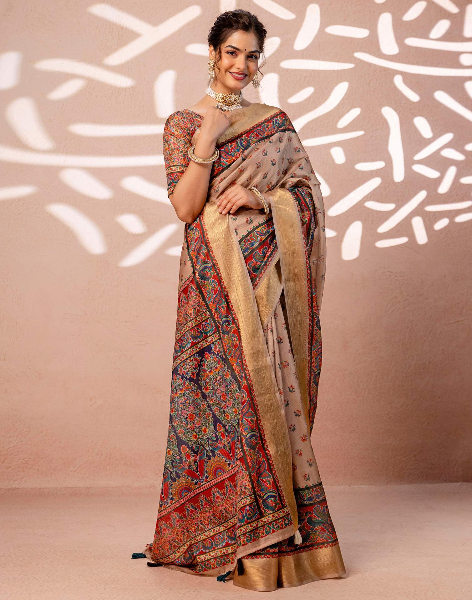 Dark Beige Silk Kalamkari Woven Border Saree