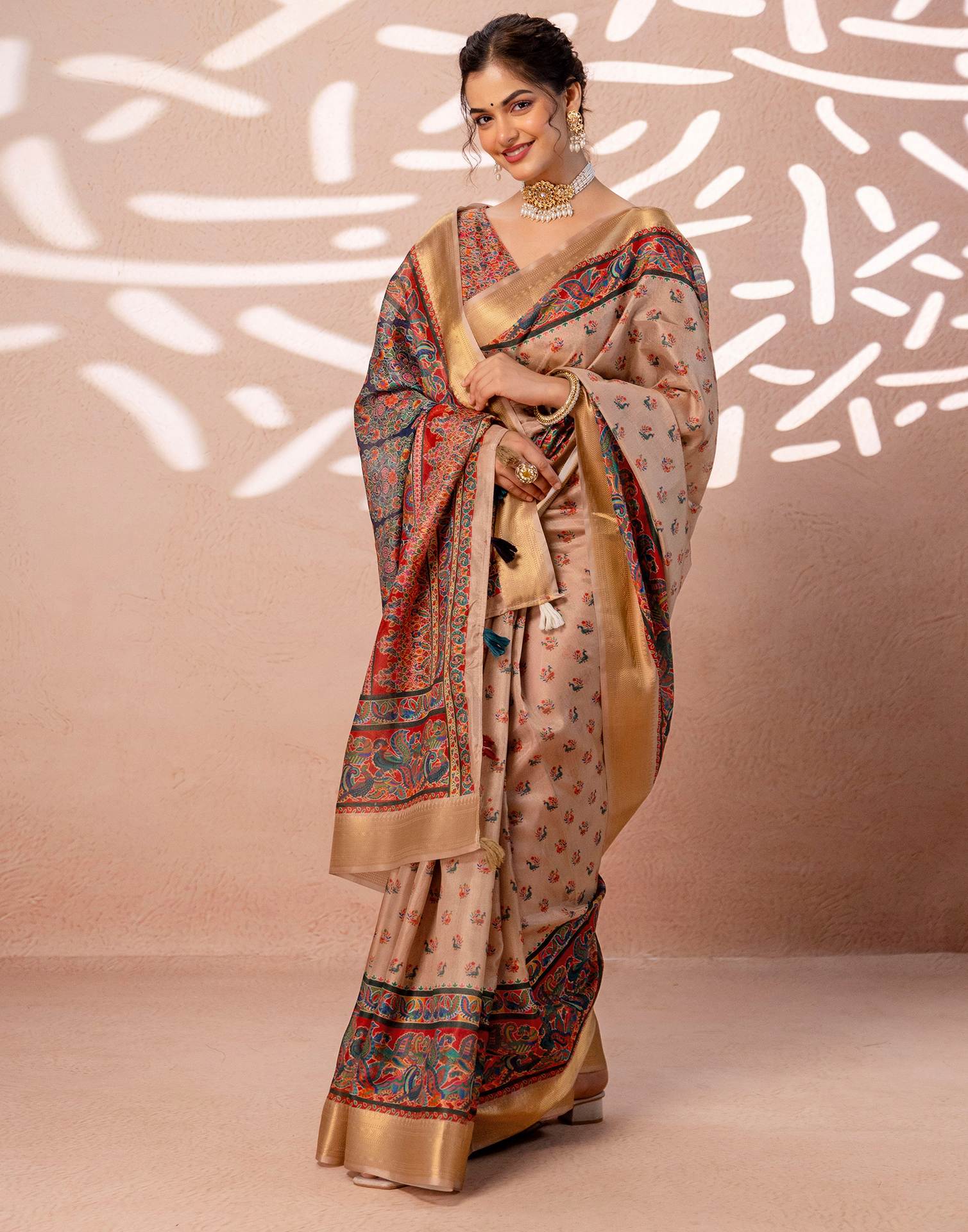 Dark Beige Silk Kalamkari Woven Border Saree