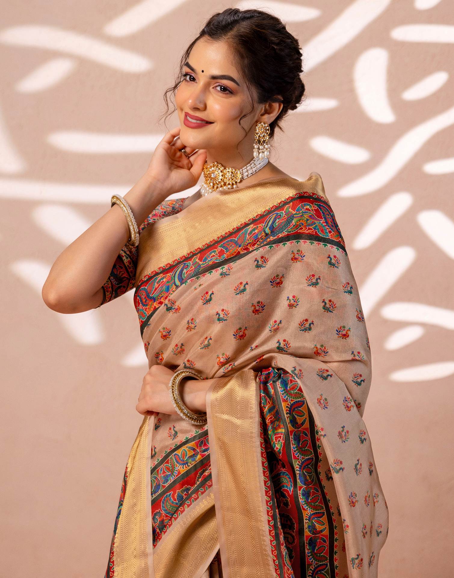 Dark Beige Silk Kalamkari Woven Border Saree