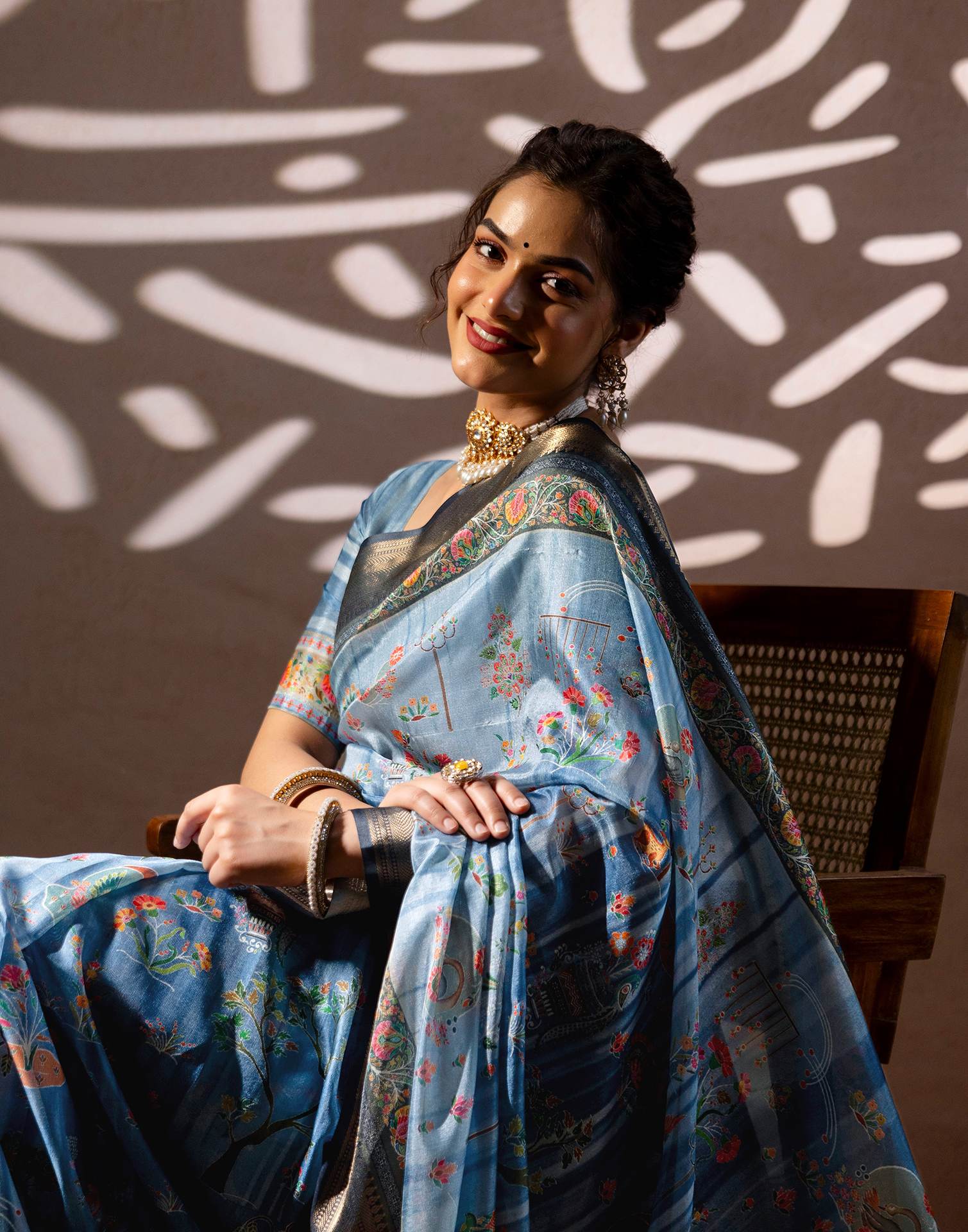 Light Blue Silk Kalamkari Woven Border Saree