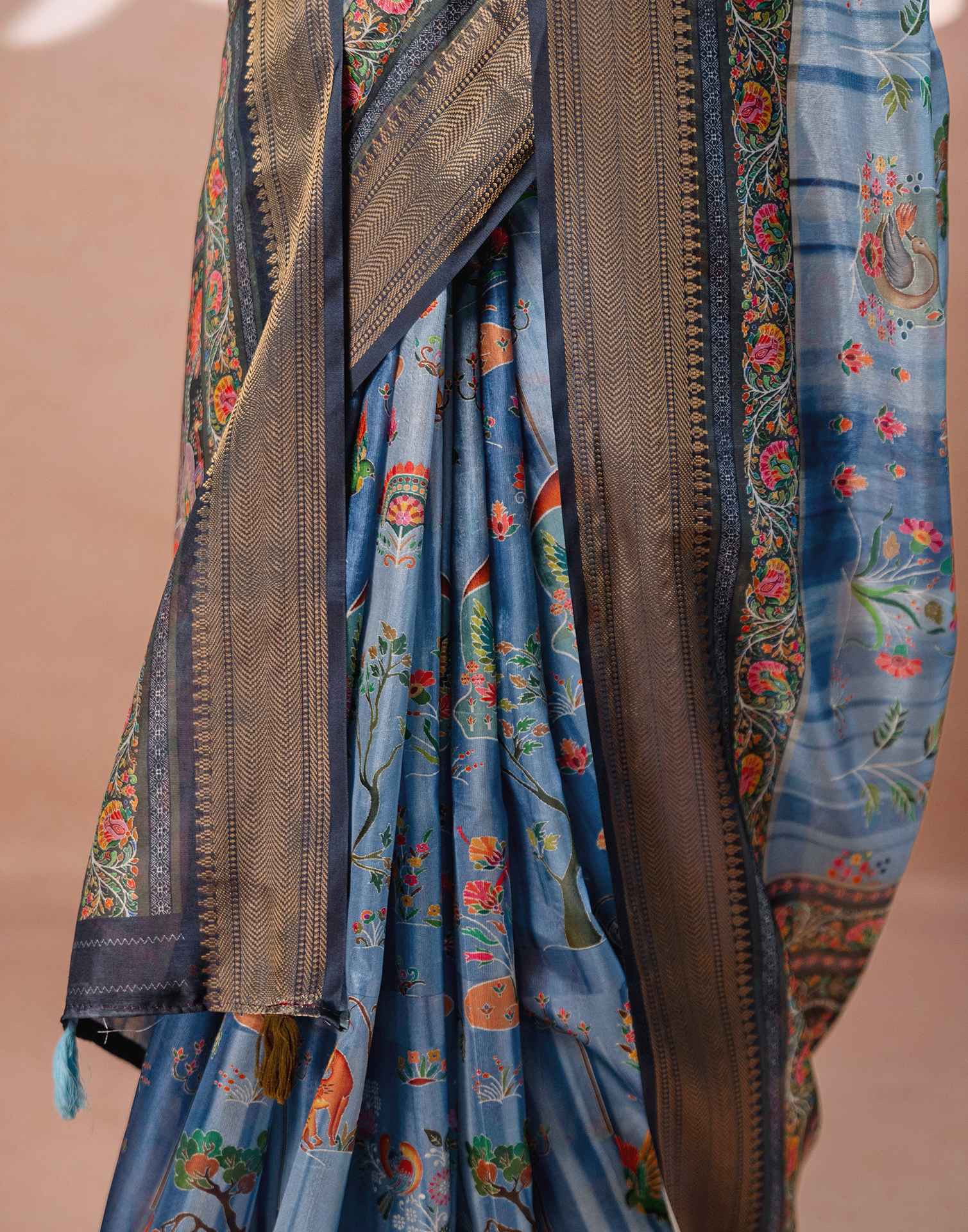 Light Blue Silk Kalamkari Woven Border Saree