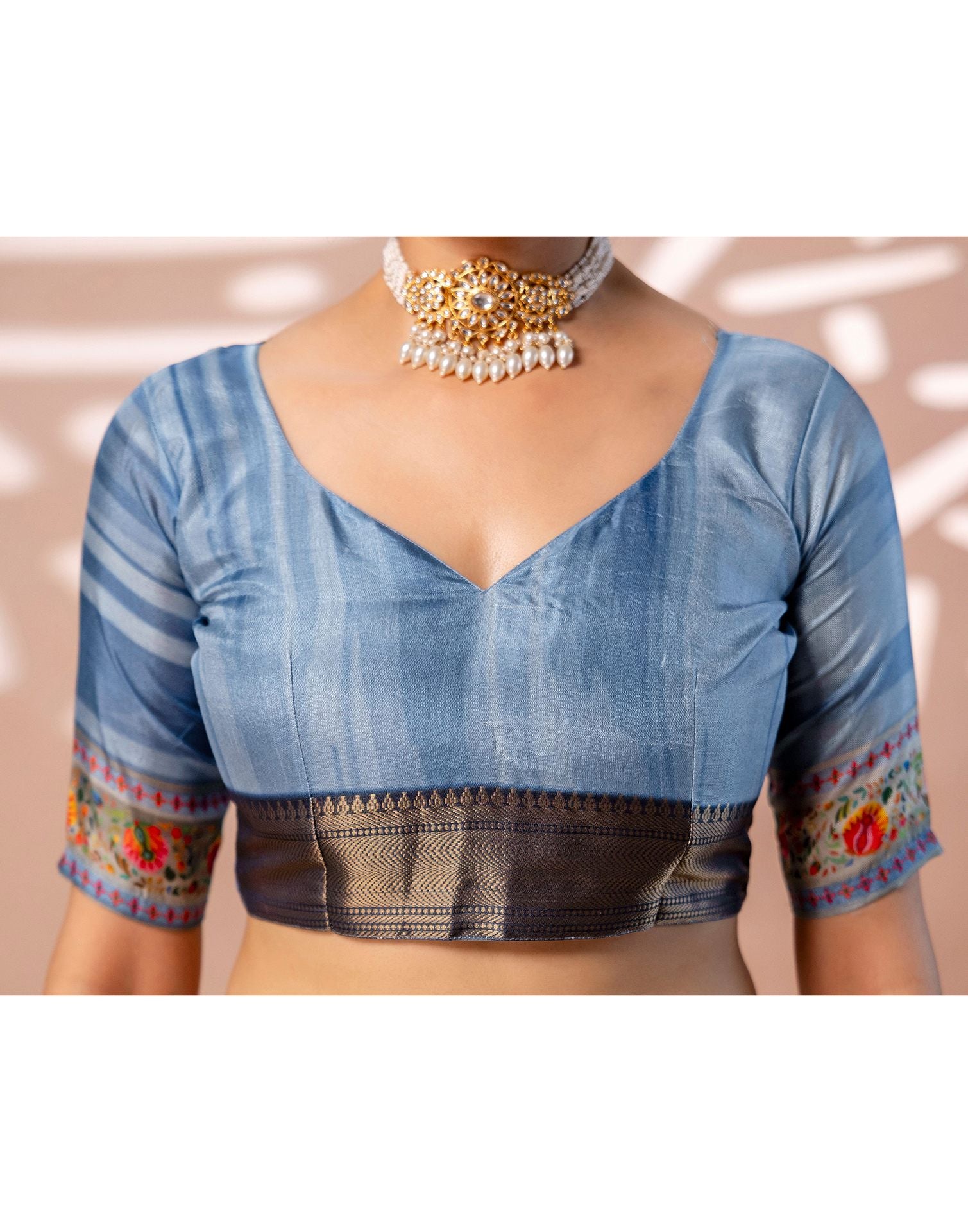 Light Blue Silk Kalamkari Woven Border Saree