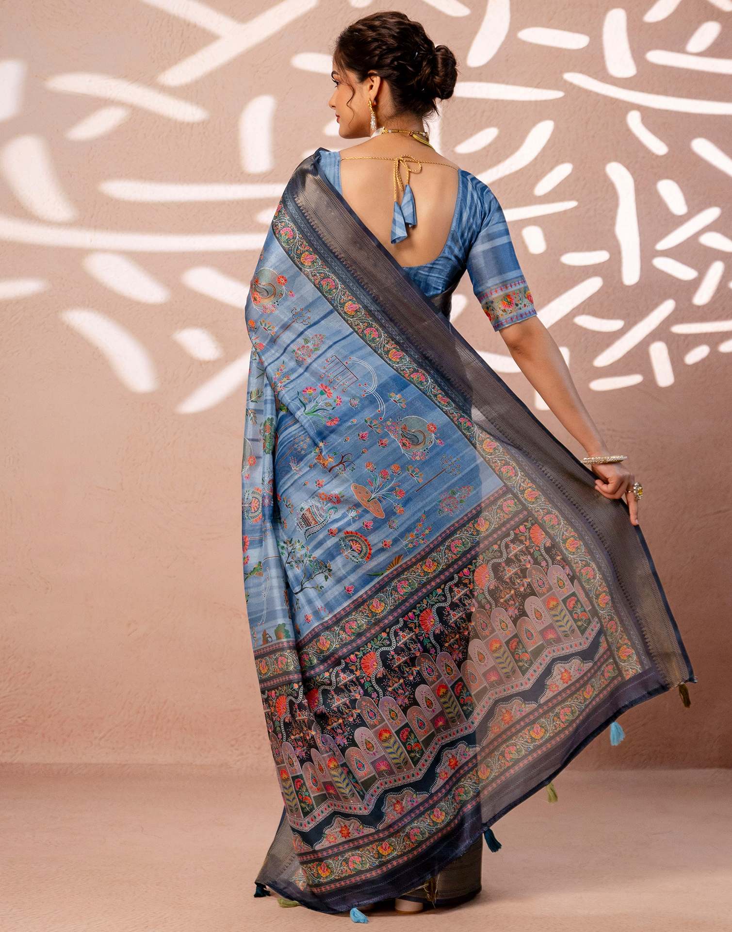 Light Blue Silk Kalamkari Woven Border Saree