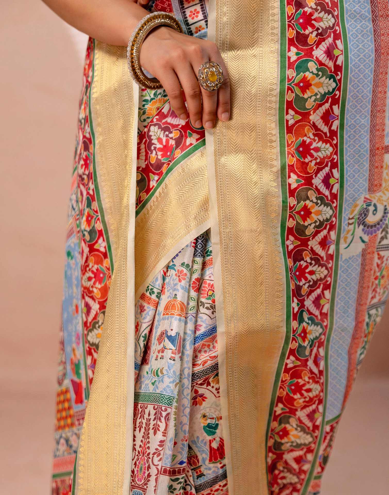 Multicoloured Silk Kalamkari Woven Border Saree