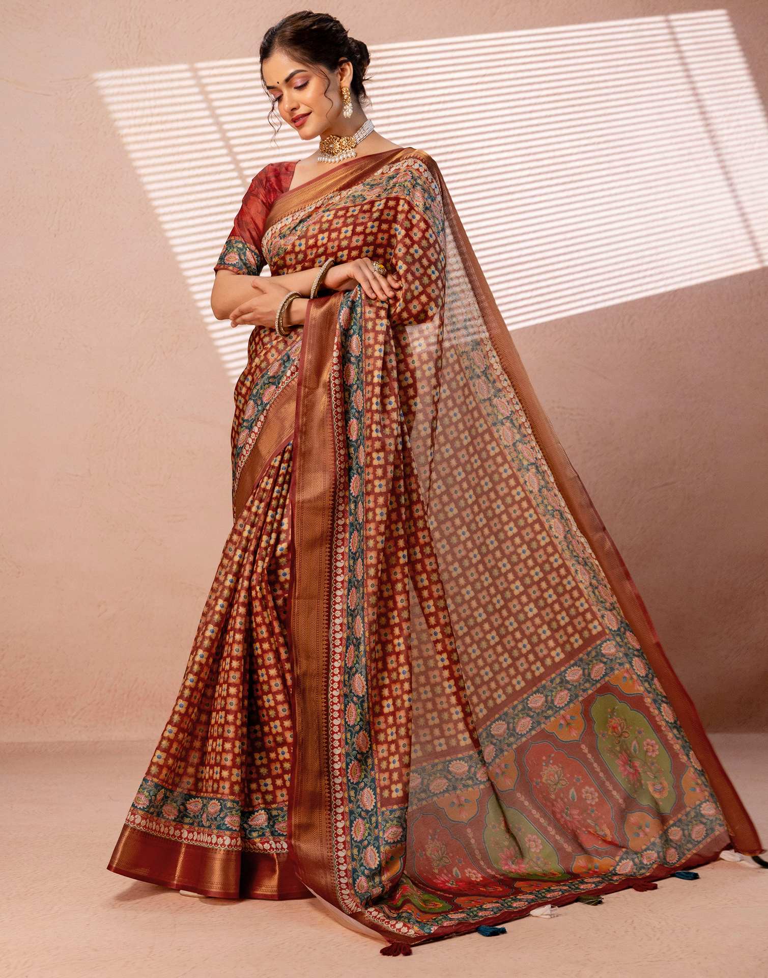 Maroon Silk Printed Woven Border Saree