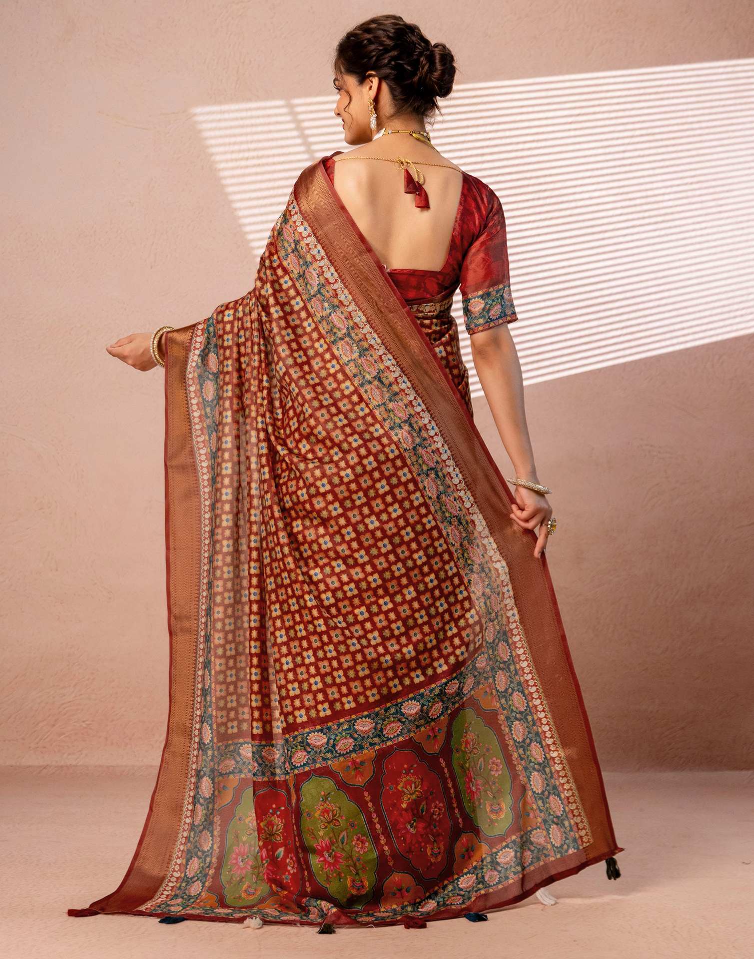 Maroon Silk Printed Woven Border Saree