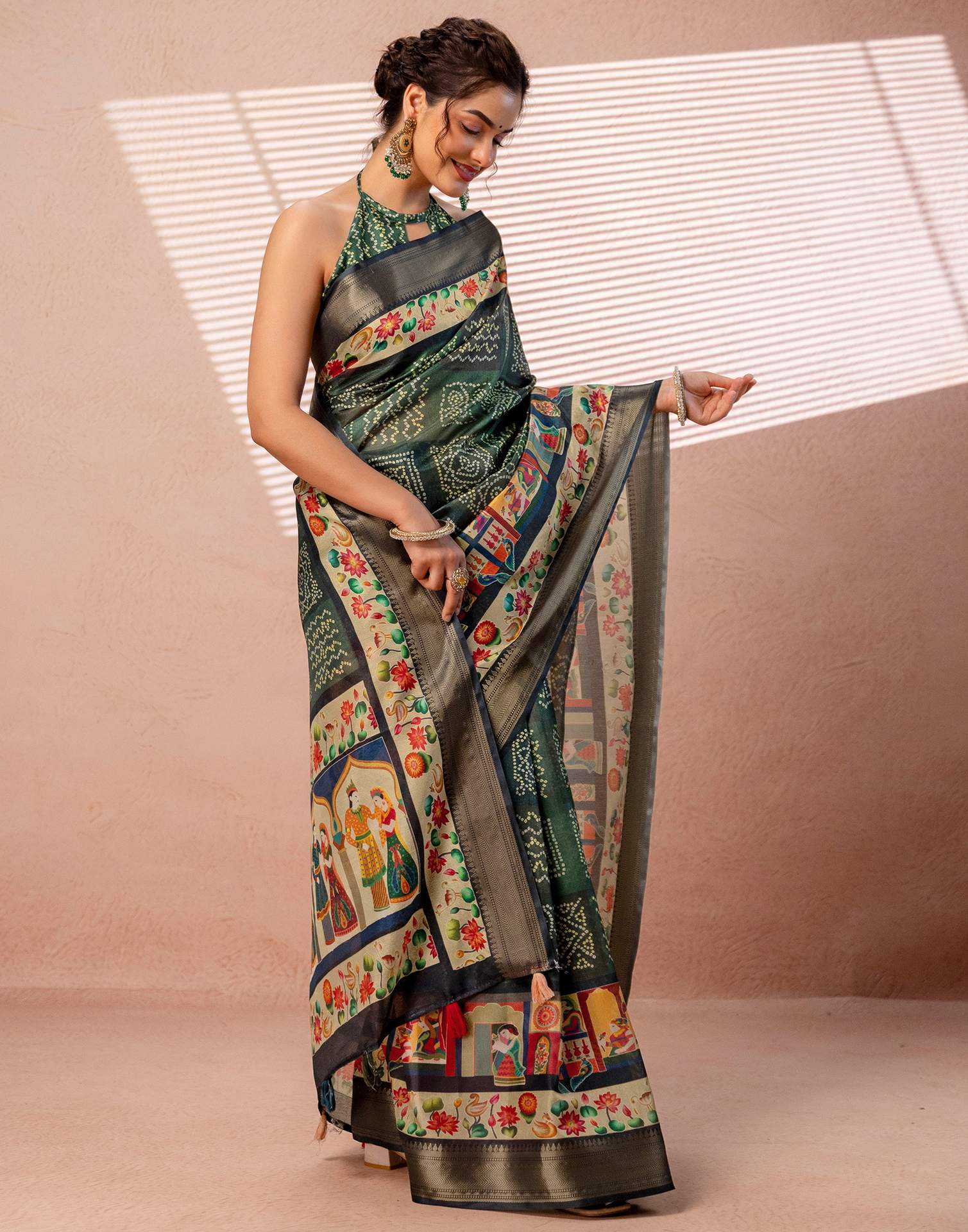 Dark Green Silk Woven Border Kalamkari Saree