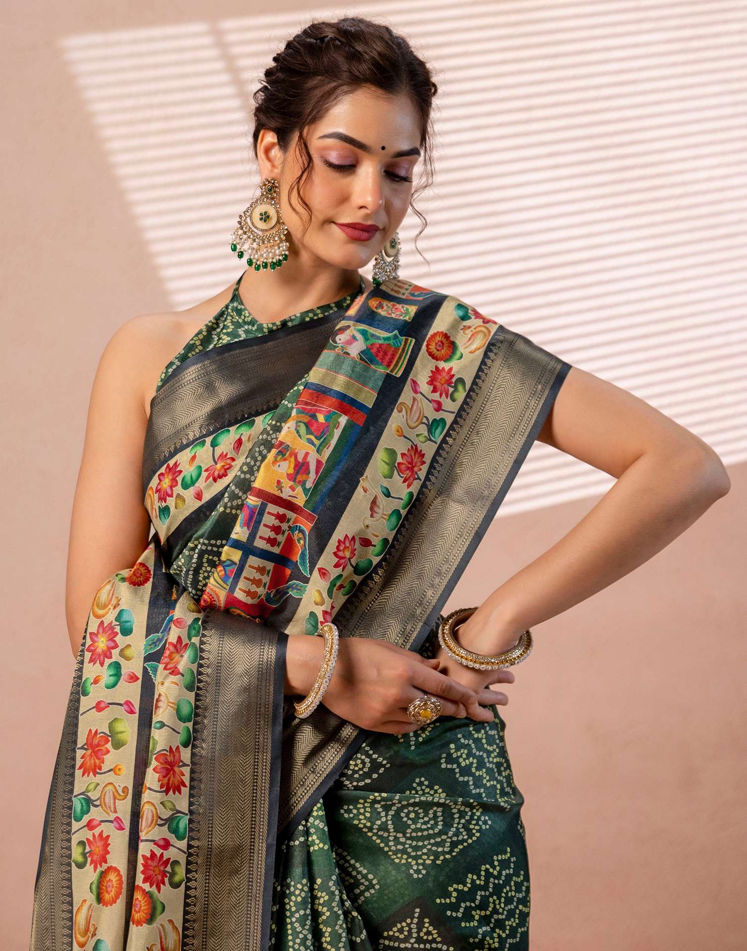 Dark Green Silk Woven Border Kalamkari Saree