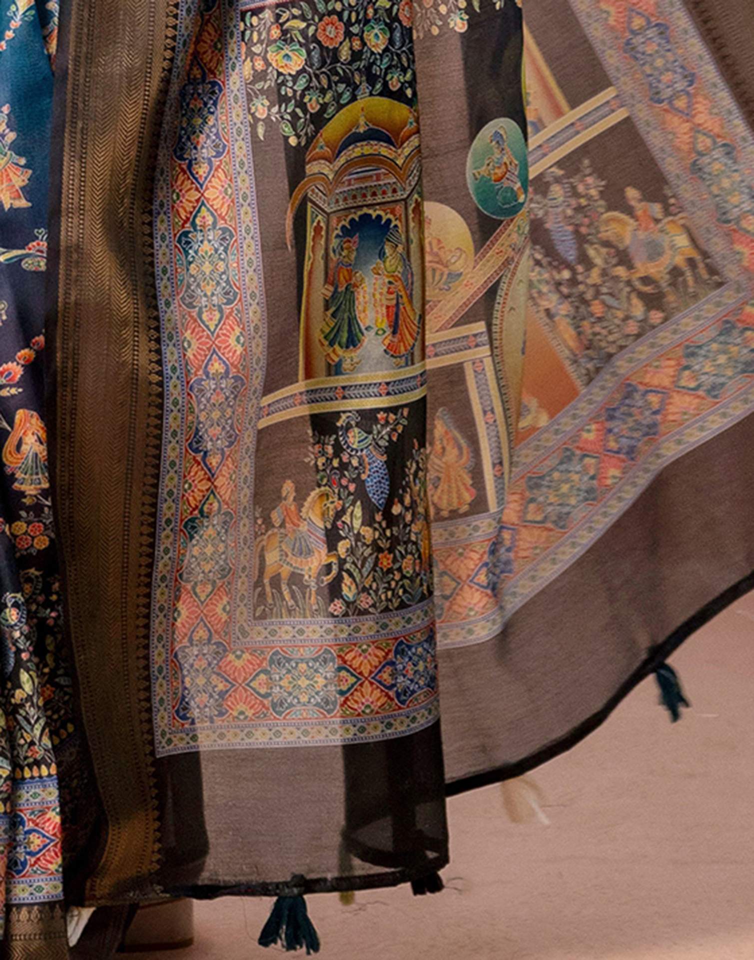 Teal Blue Silk Kalamkari Woven Border Saree