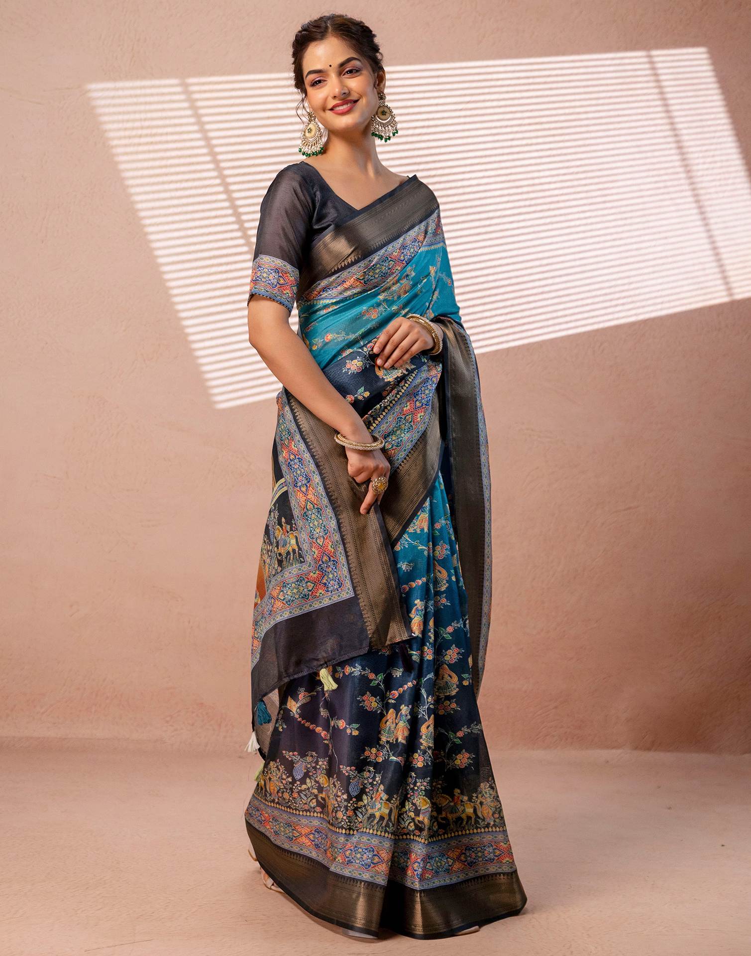 Teal Blue Silk Kalamkari Woven Border Saree