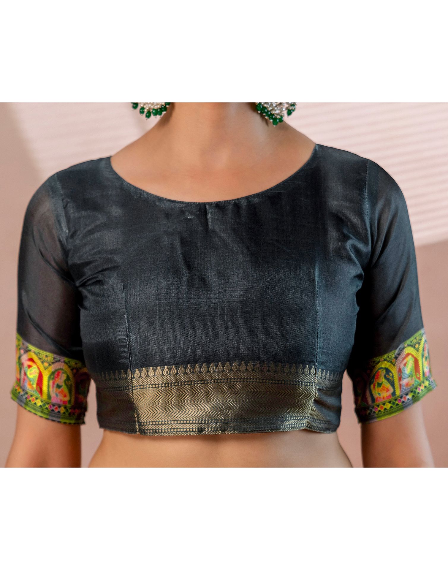 Bottle Green Silk Kalamkari Woven Border Saree