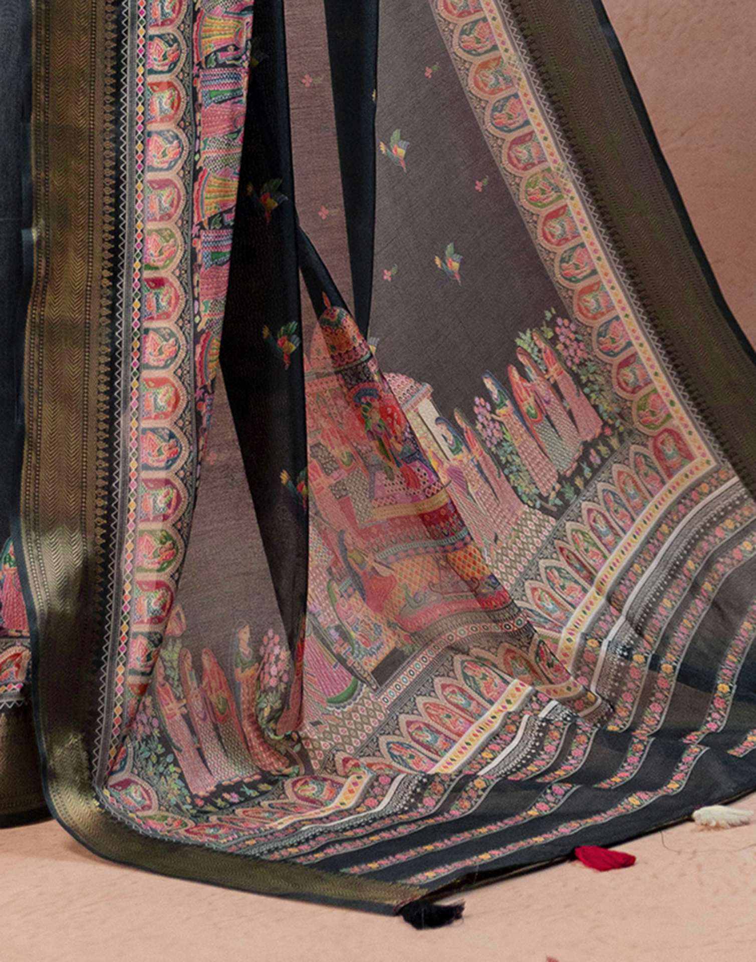 Bottle Green Silk Kalamkari Woven Border Saree