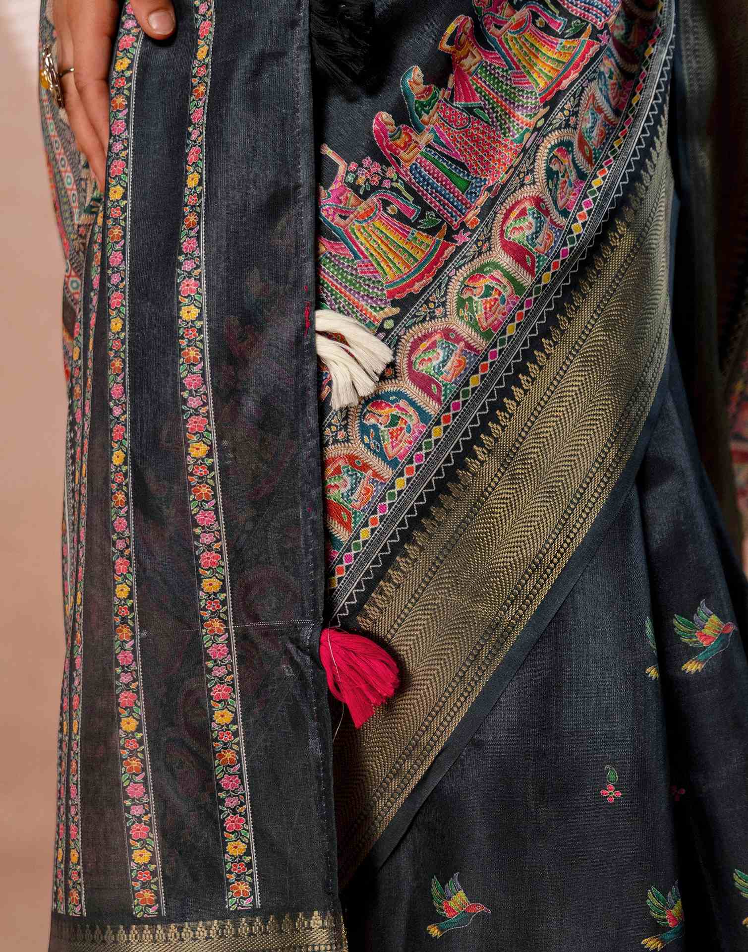 Bottle Green Silk Kalamkari Woven Border Saree