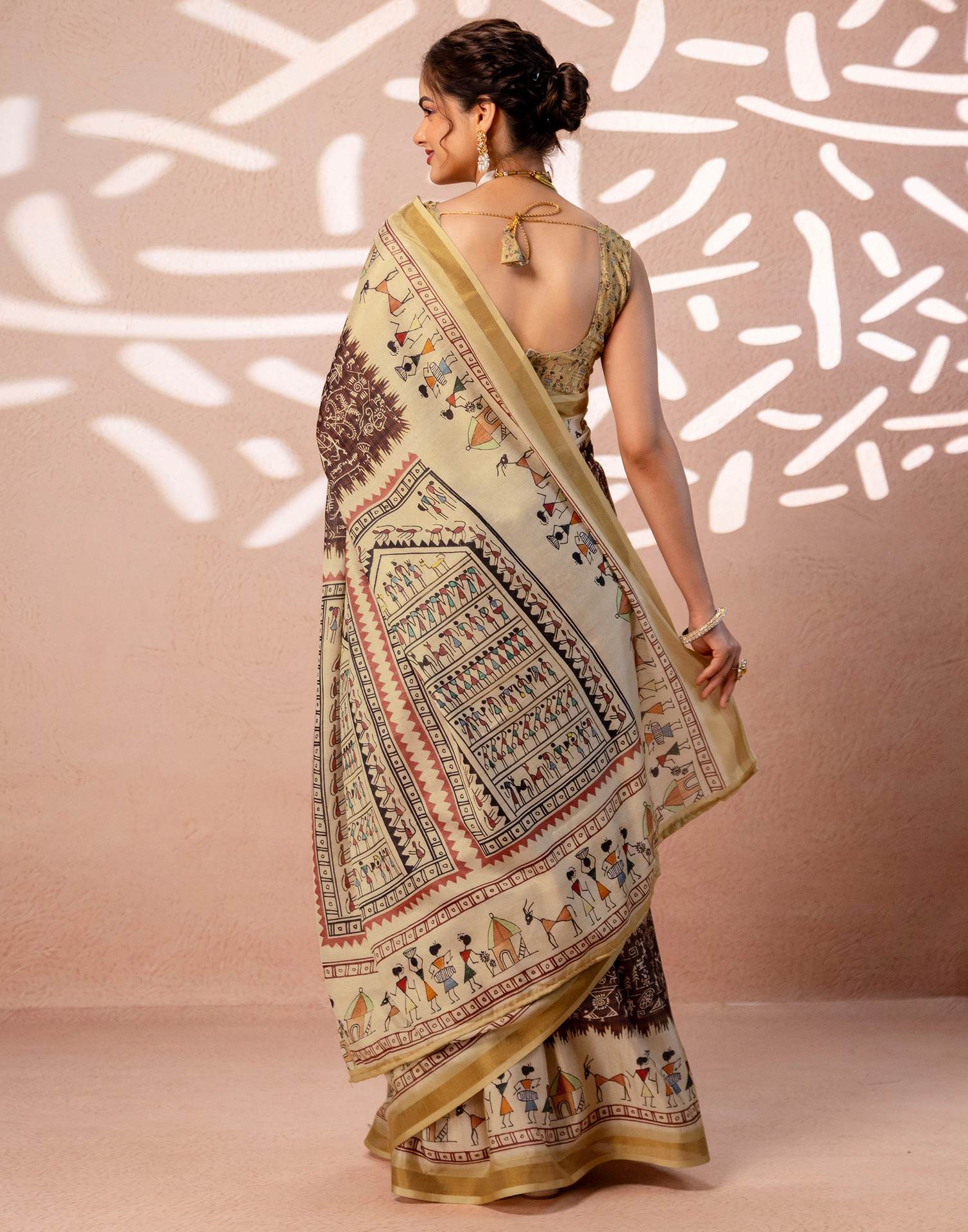 Beige Silk Warli Printed Zari Border Saree