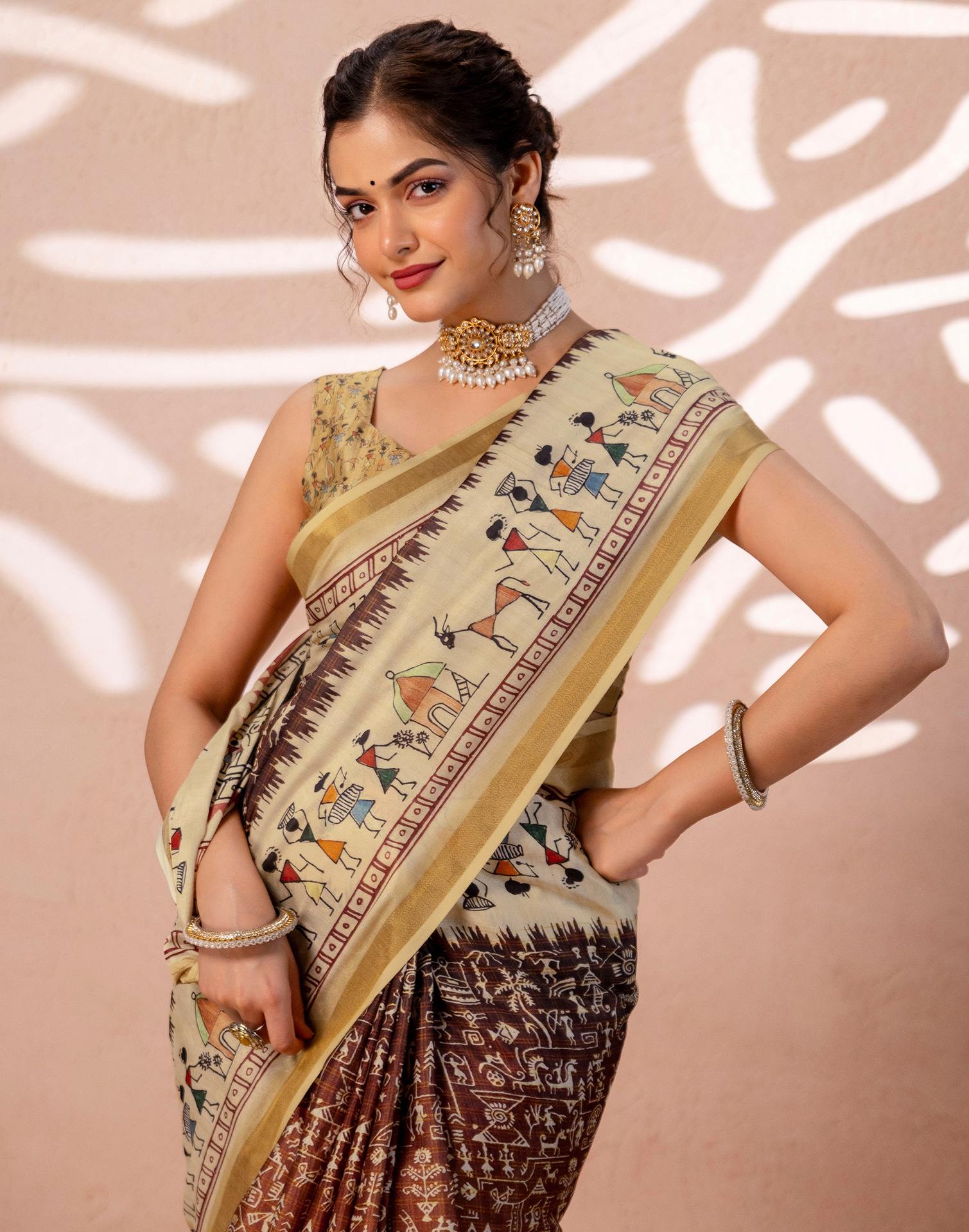 Beige Silk Warli Printed Zari Border Saree