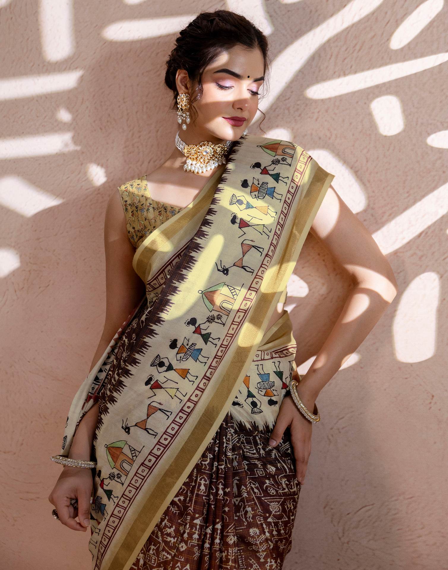 Beige Silk Warli Printed Zari Border Saree