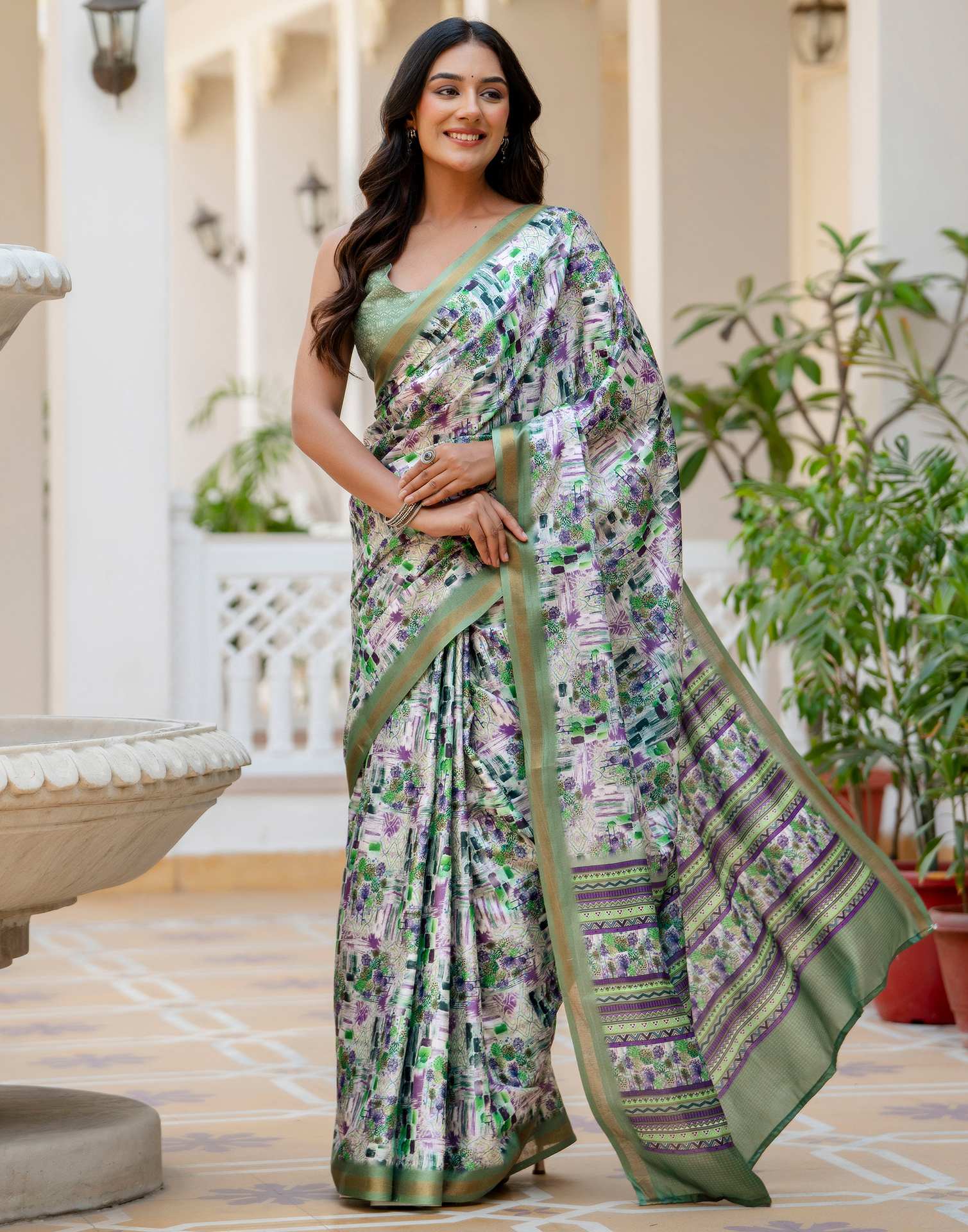 Off White Silk Printed Zari Border Saree