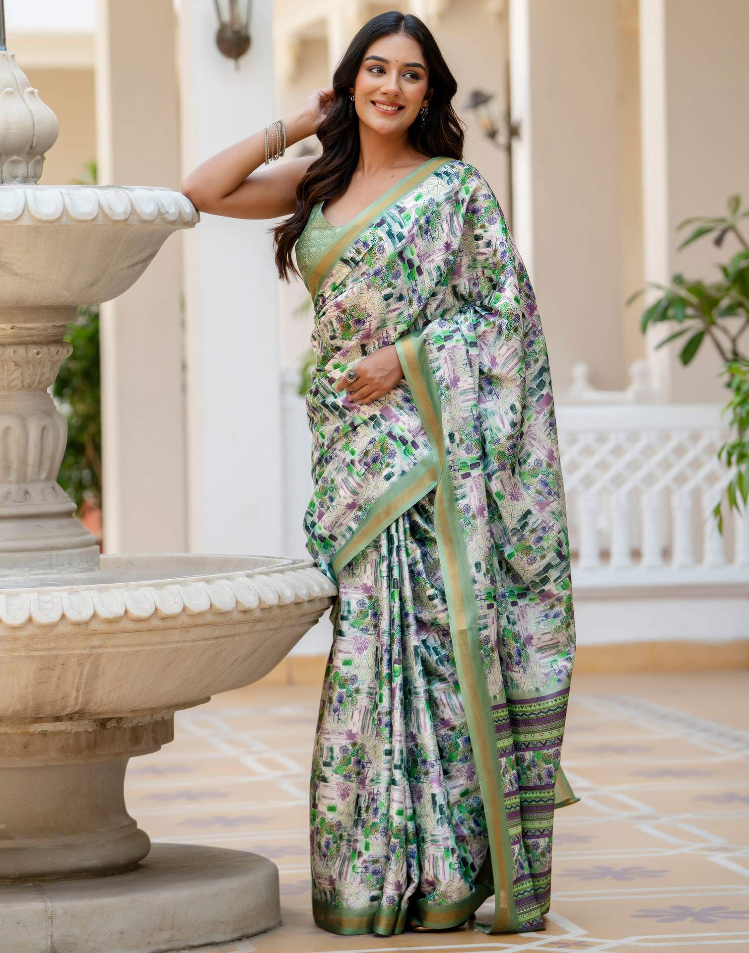 Off White Silk Printed Zari Border Saree