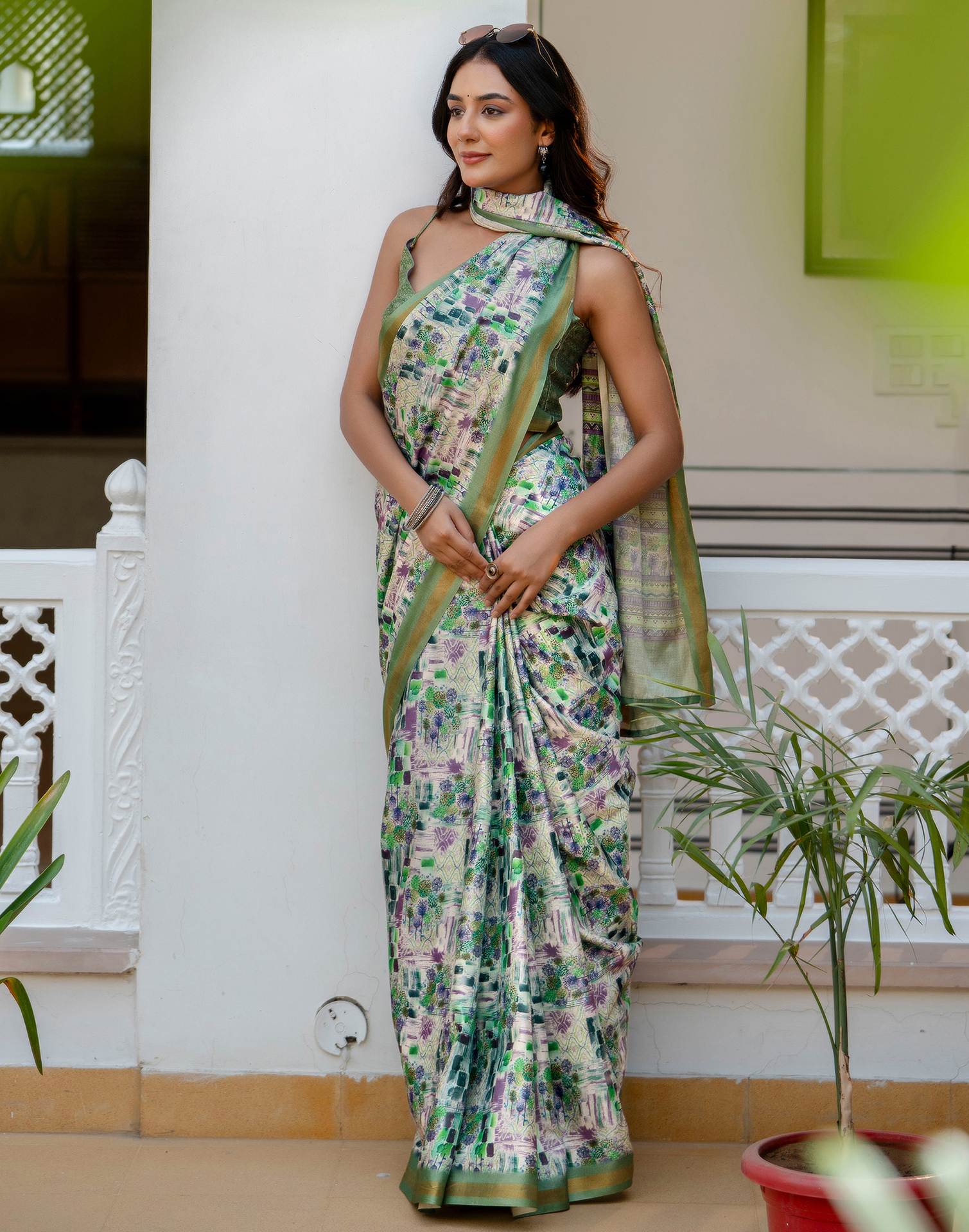Off White Silk Printed Zari Border Saree