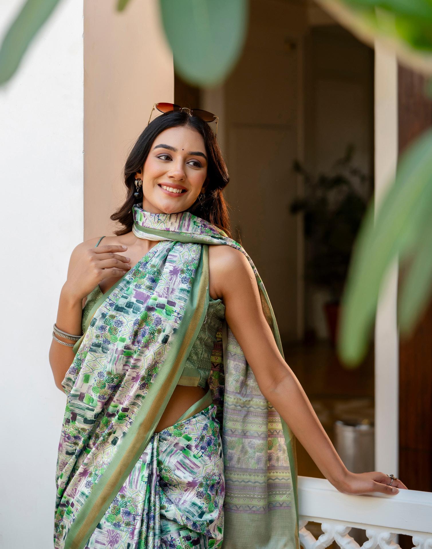 Off White Silk Printed Zari Border Saree