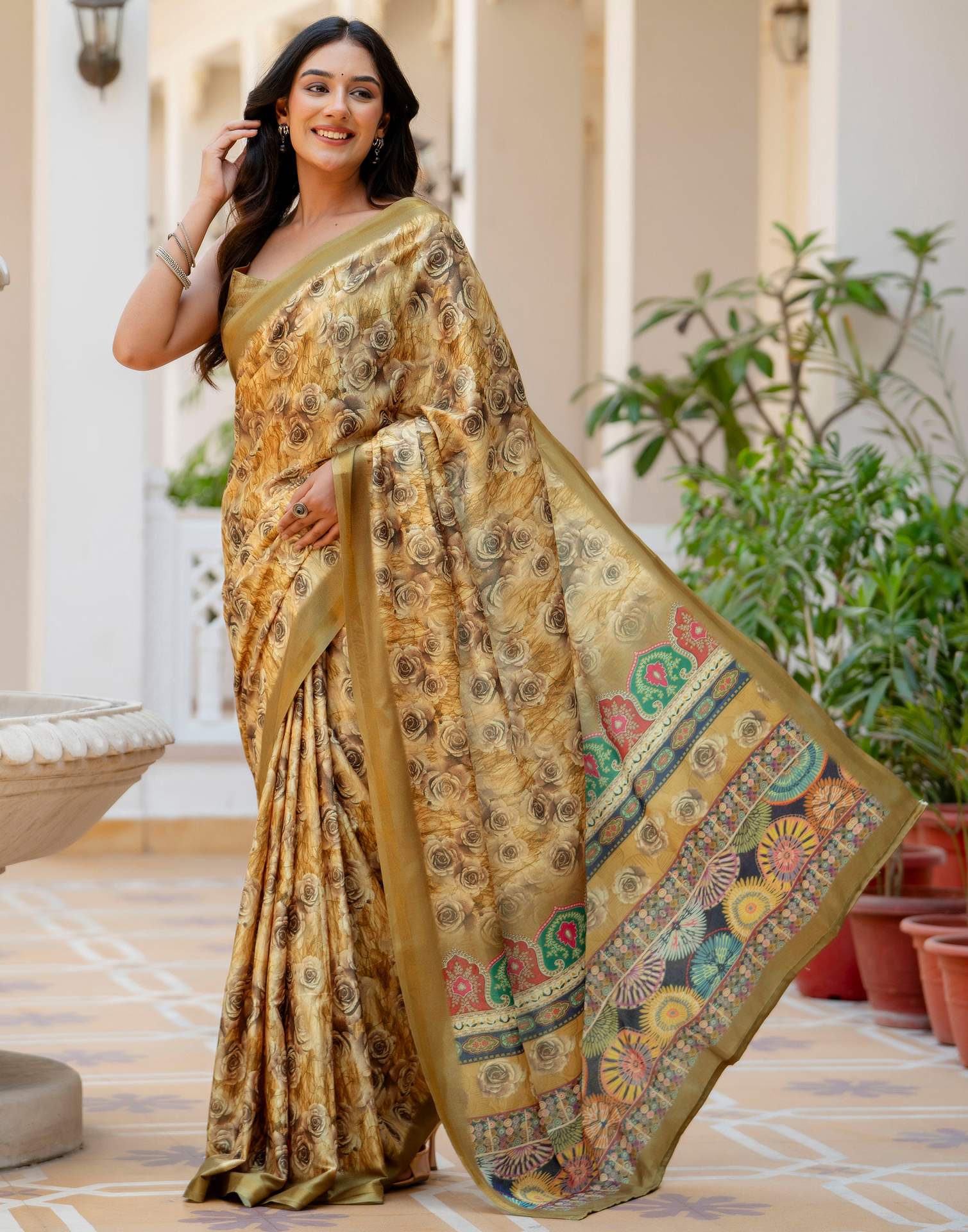 Mustard Silk Printed Zari Border Saree