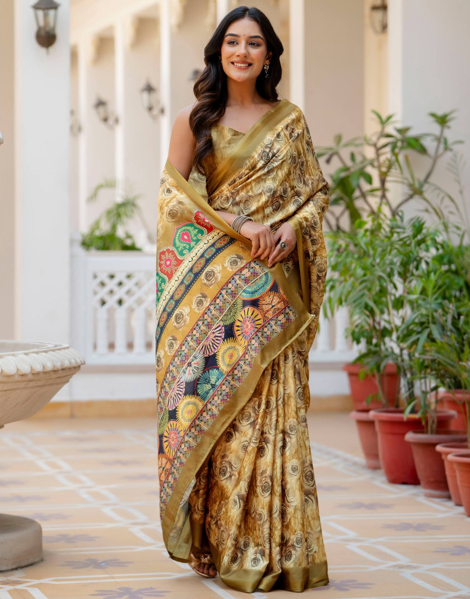 Mustard Silk Printed Zari Border Saree