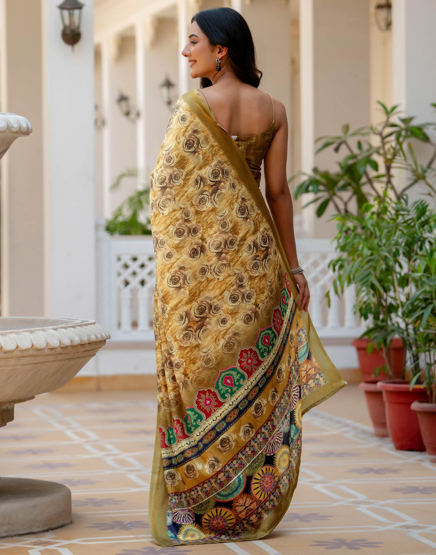 Mustard Silk Printed Zari Border Saree