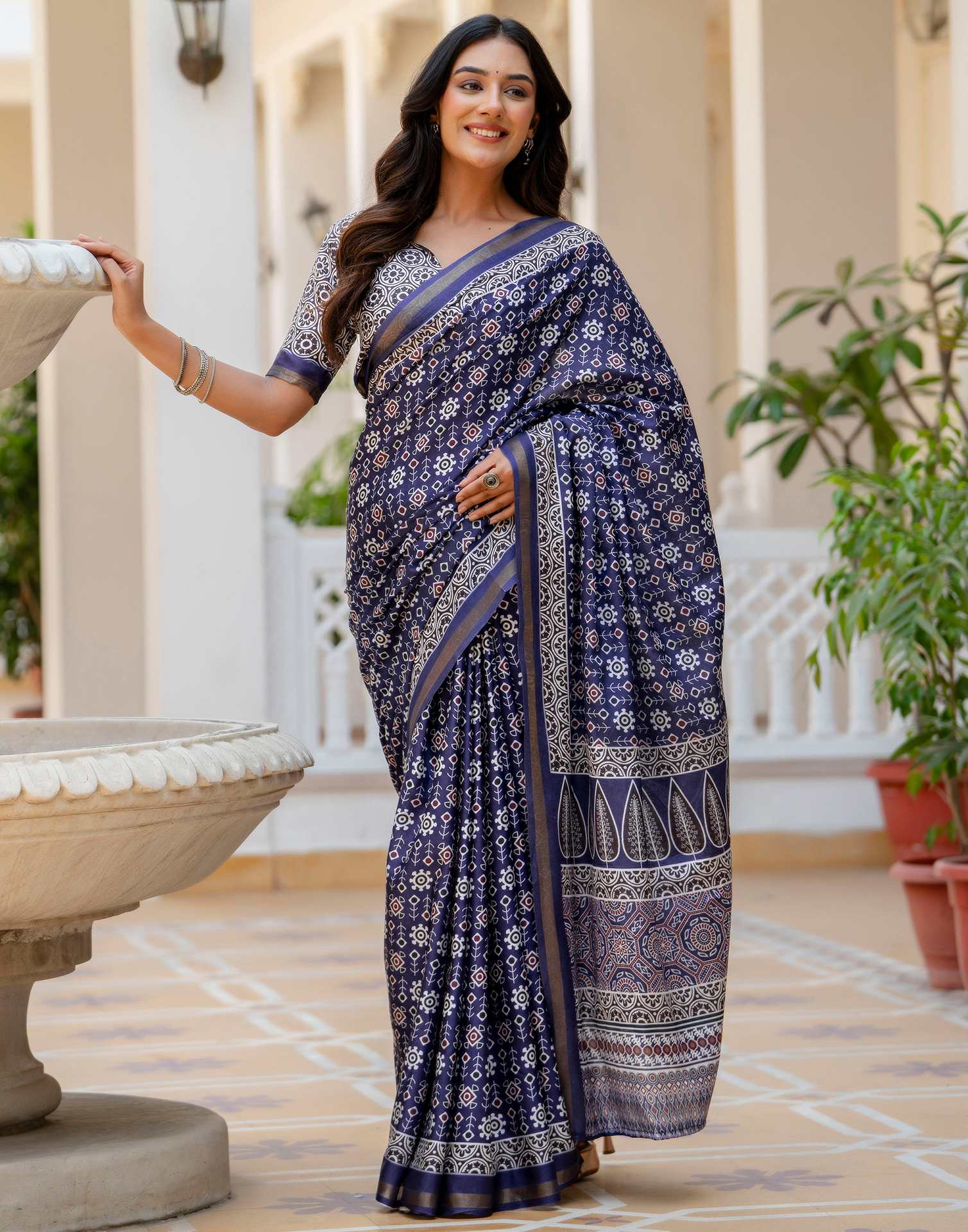 Navy Blue Silk Printed Zari Border Saree